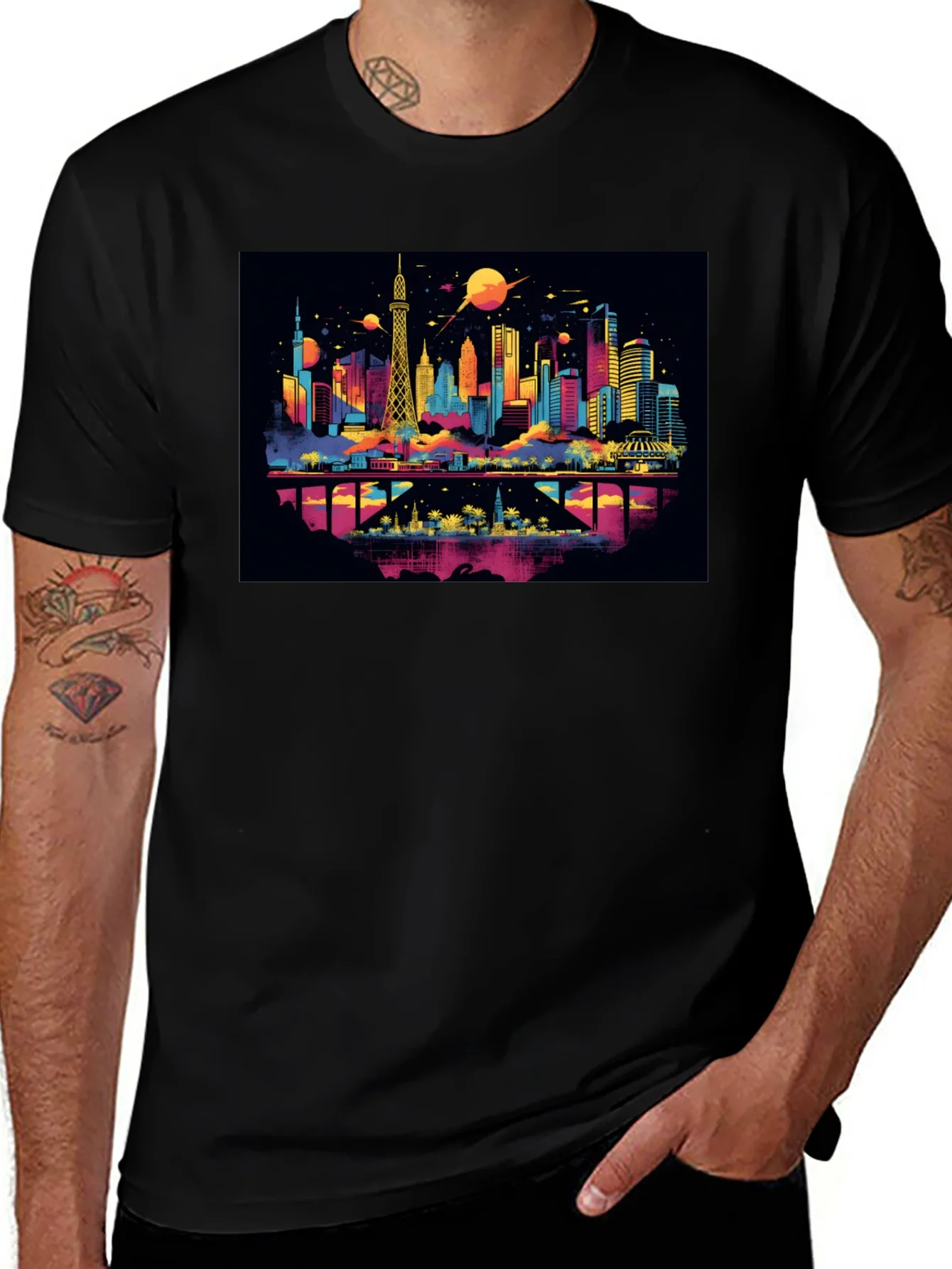Camiseta Negra con Dise?o Urbano Futurista
