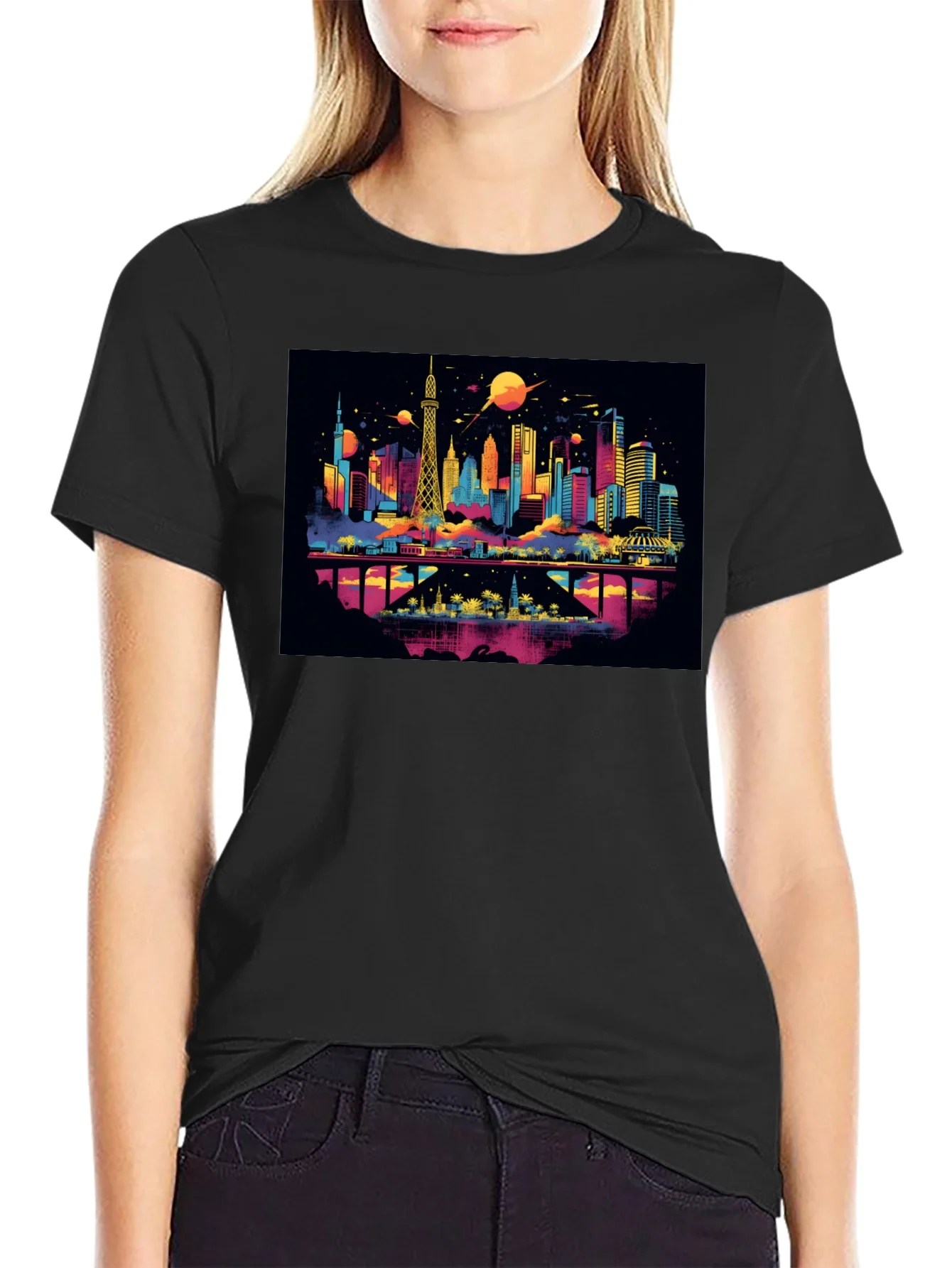 Camiseta Negra con Dise?o Urbano Futurista