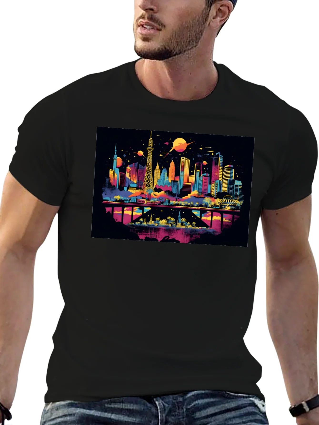 Camiseta Negra con Dise?o Urbano Futurista