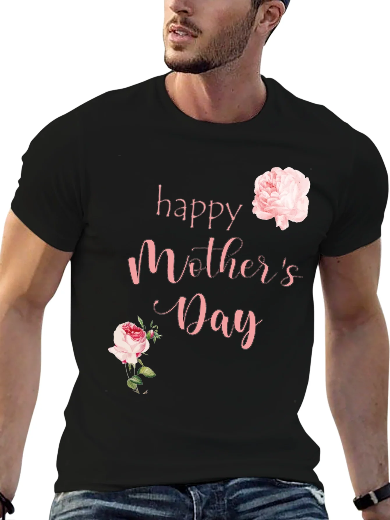 Camiseta Negra Feliz D¨ªa de la Madre con Rosas