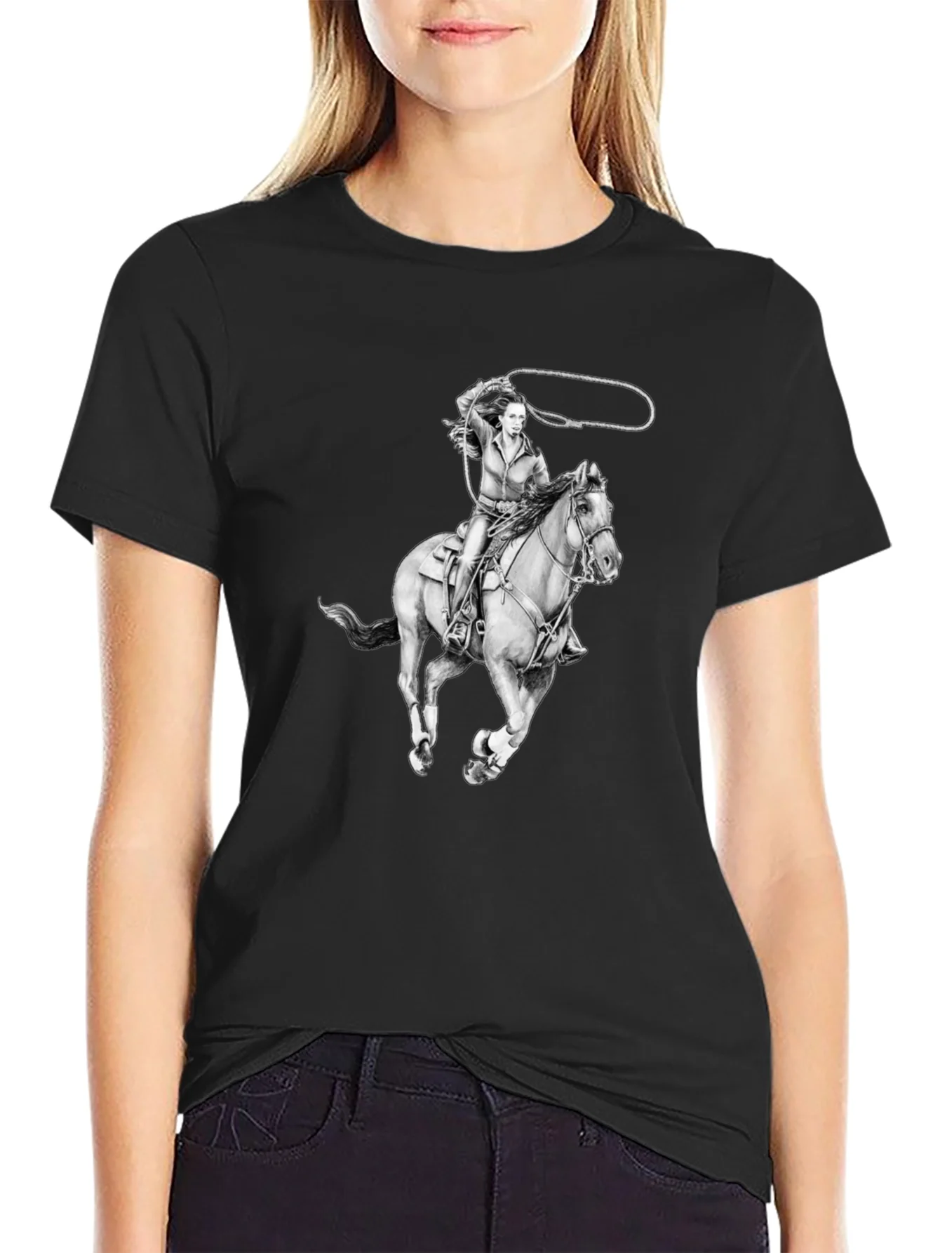 Camiseta Negra con Dise?o Vaquera a Caballo