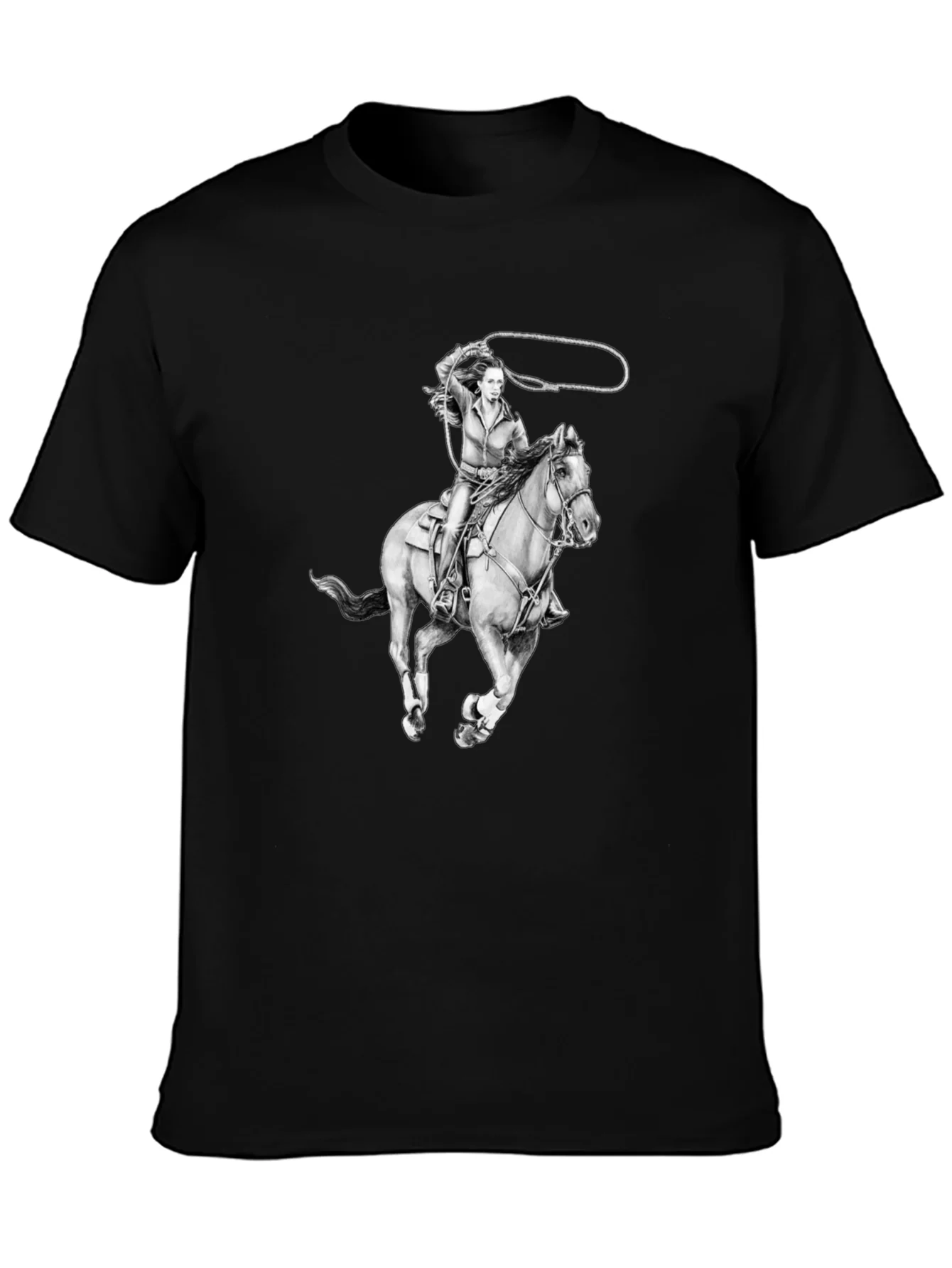 Camiseta Negra con Dise?o Vaquera a Caballo