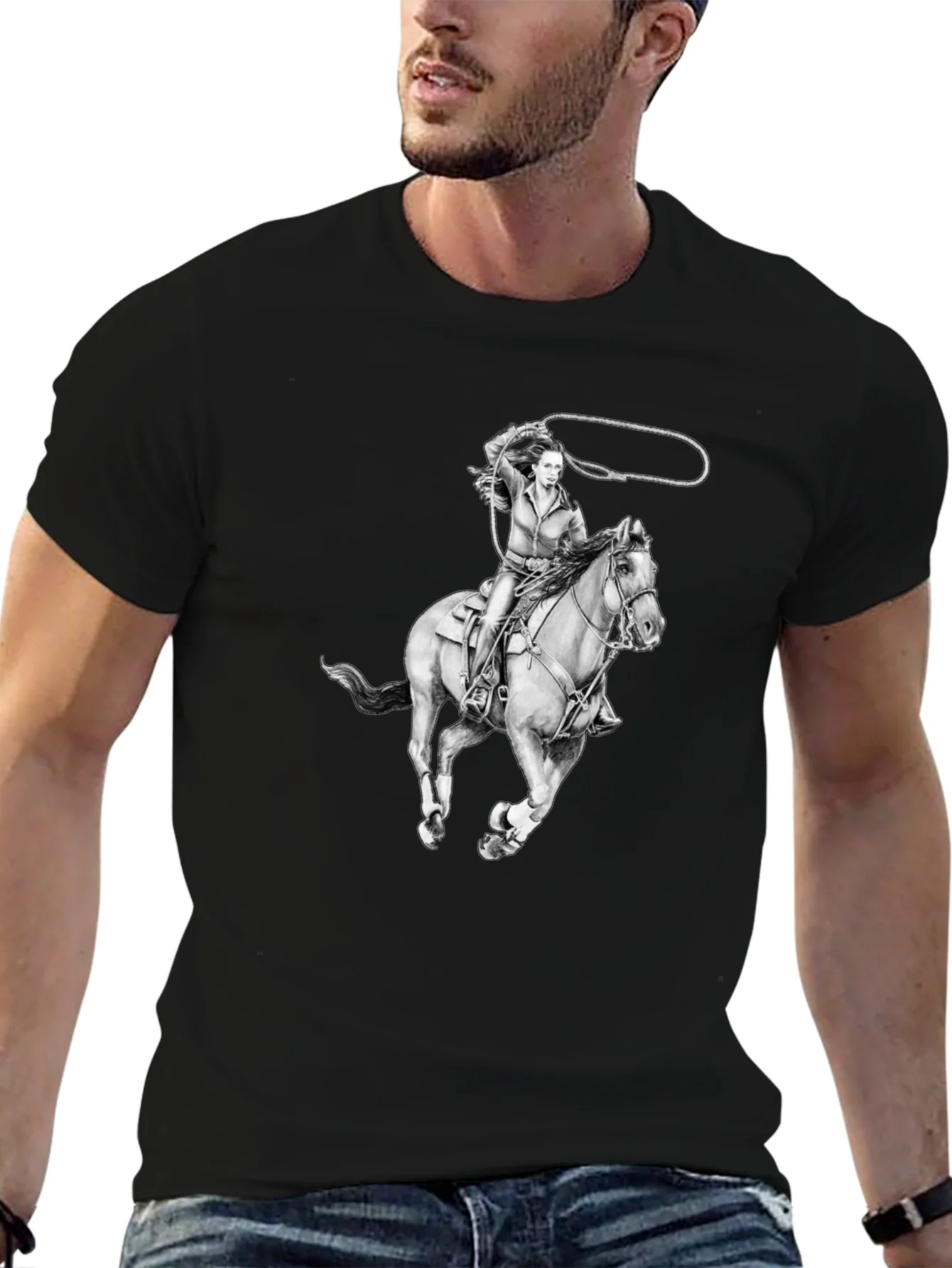 Camiseta Negra con Dise?o Vaquera a Caballo