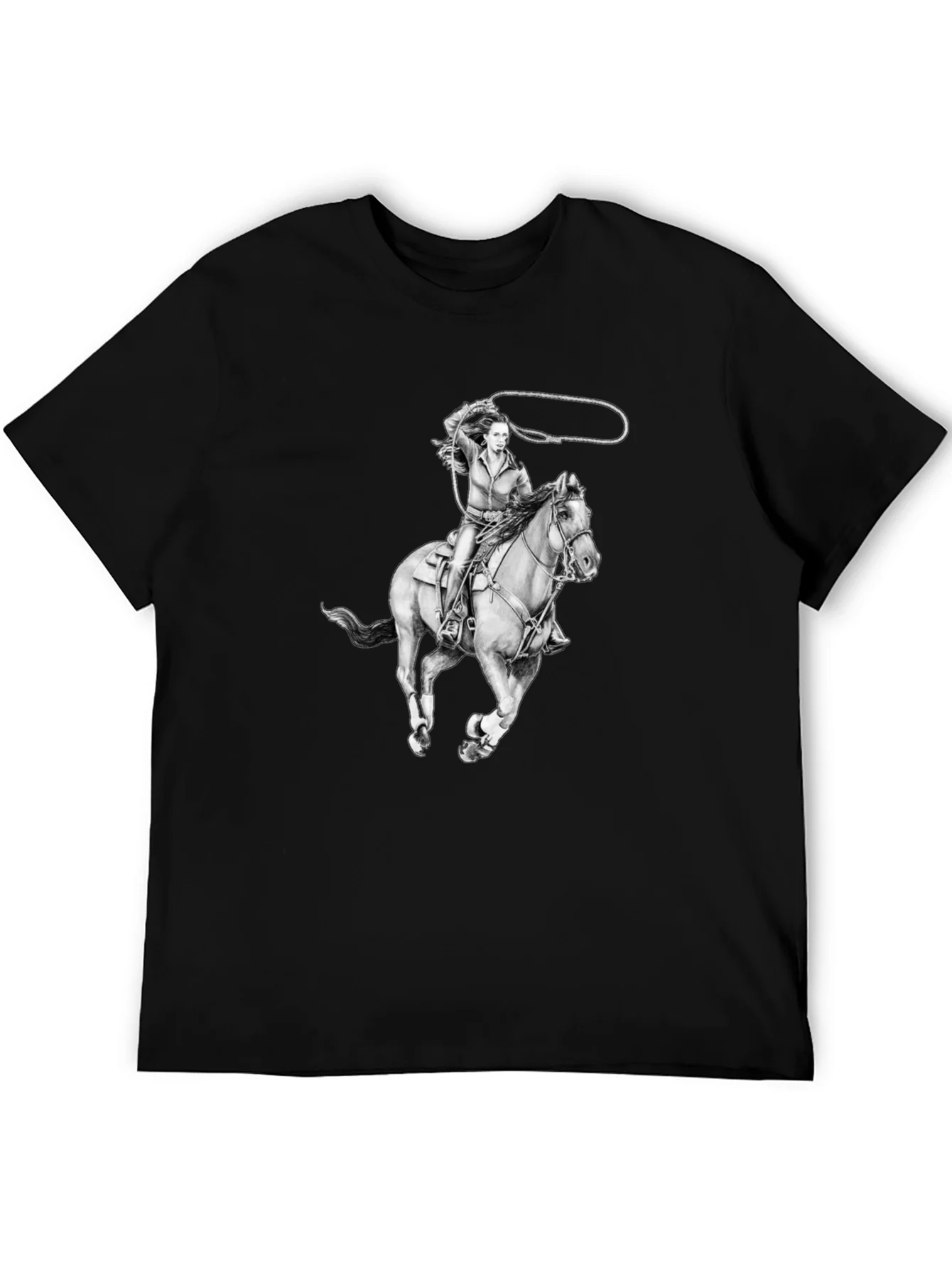 Camiseta Negra con Dise?o Vaquera a Caballo