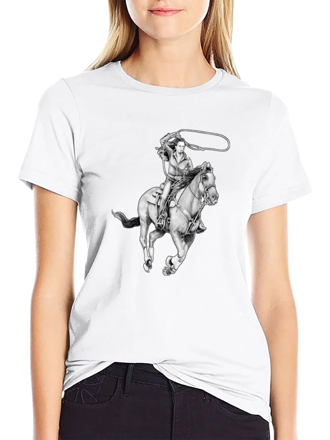 Camiseta Negra con Dise?o Vaquera a Caballo