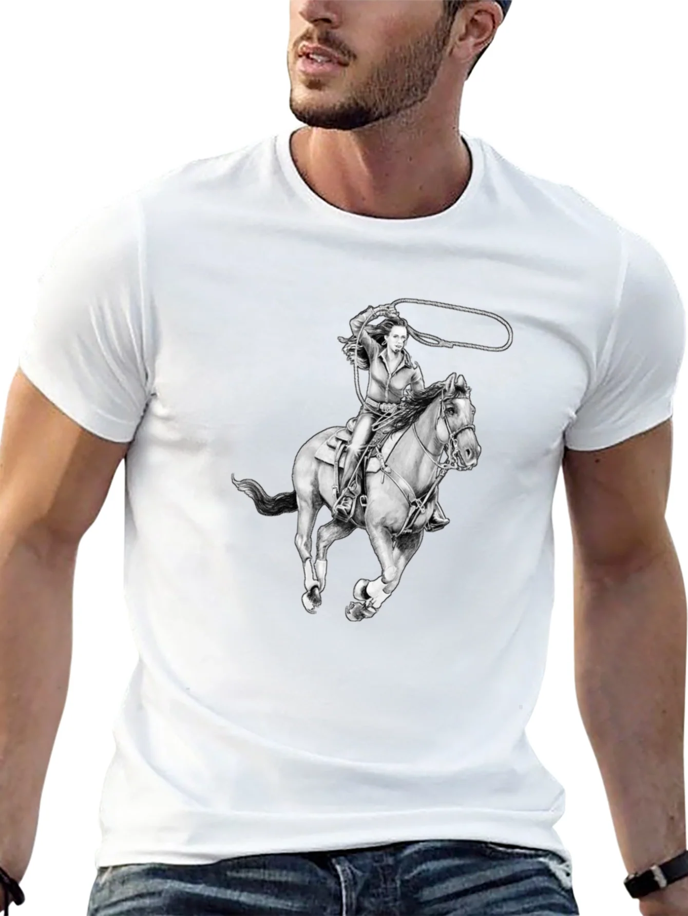 Camiseta Negra con Dise?o Vaquera a Caballo