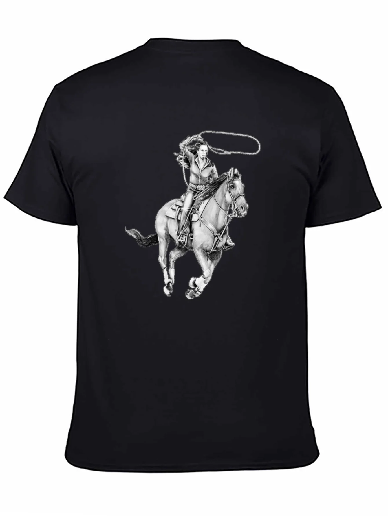 Camiseta Negra con Dise?o Vaquera a Caballo