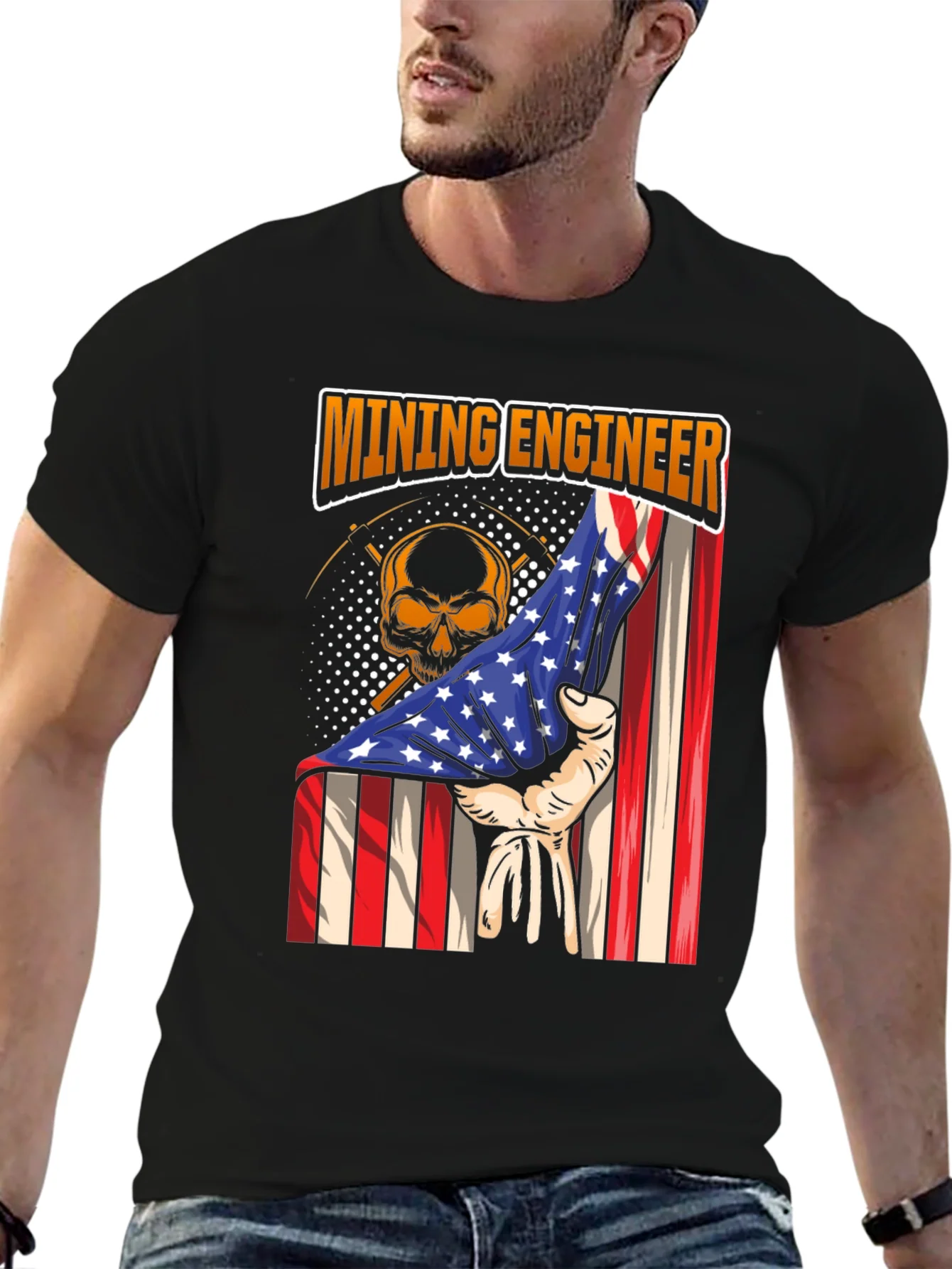 Rebbecca Mining Engineer American Flag Skull T-Shirt