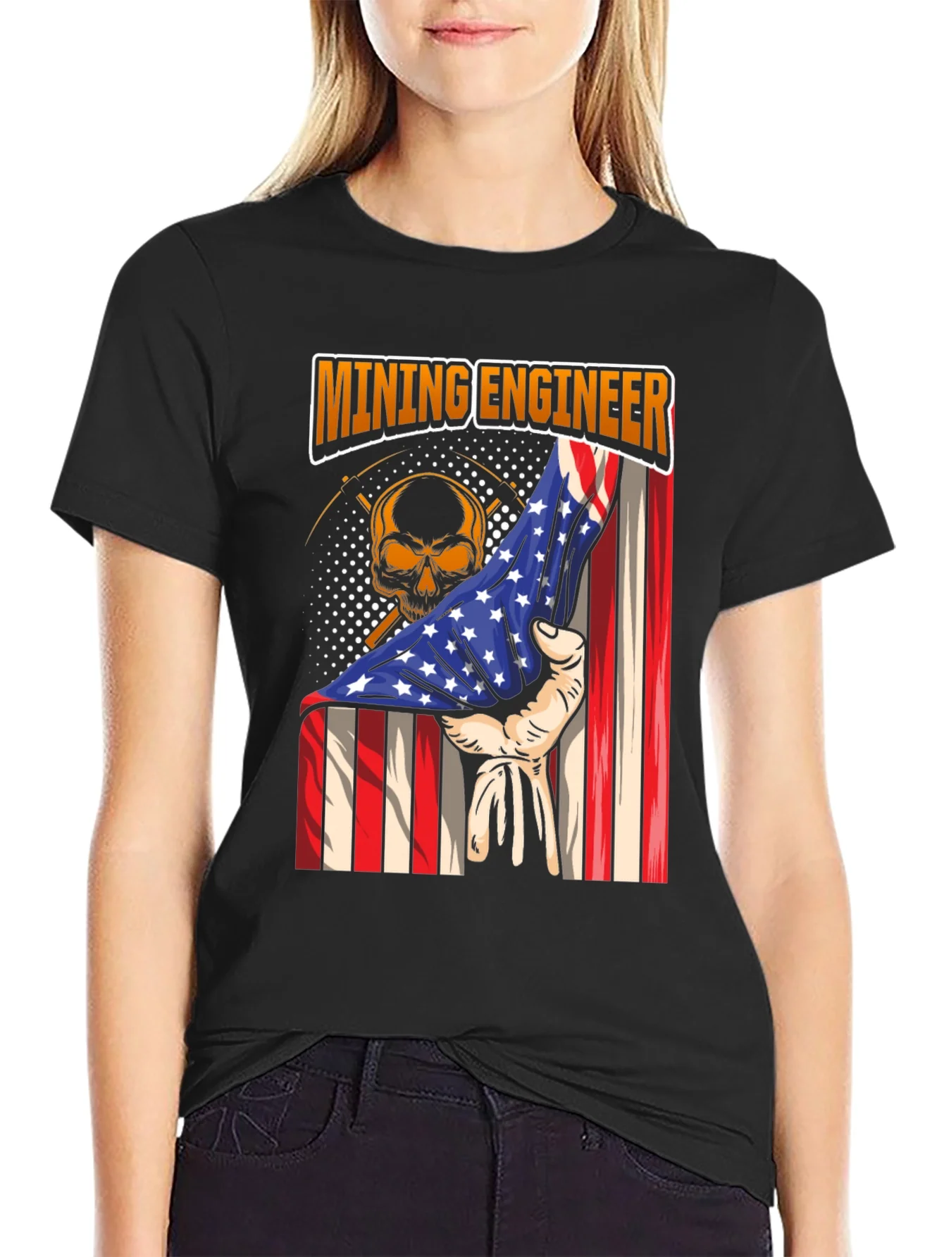 Rebbecca Mining Engineer American Flag Skull T-Shirt