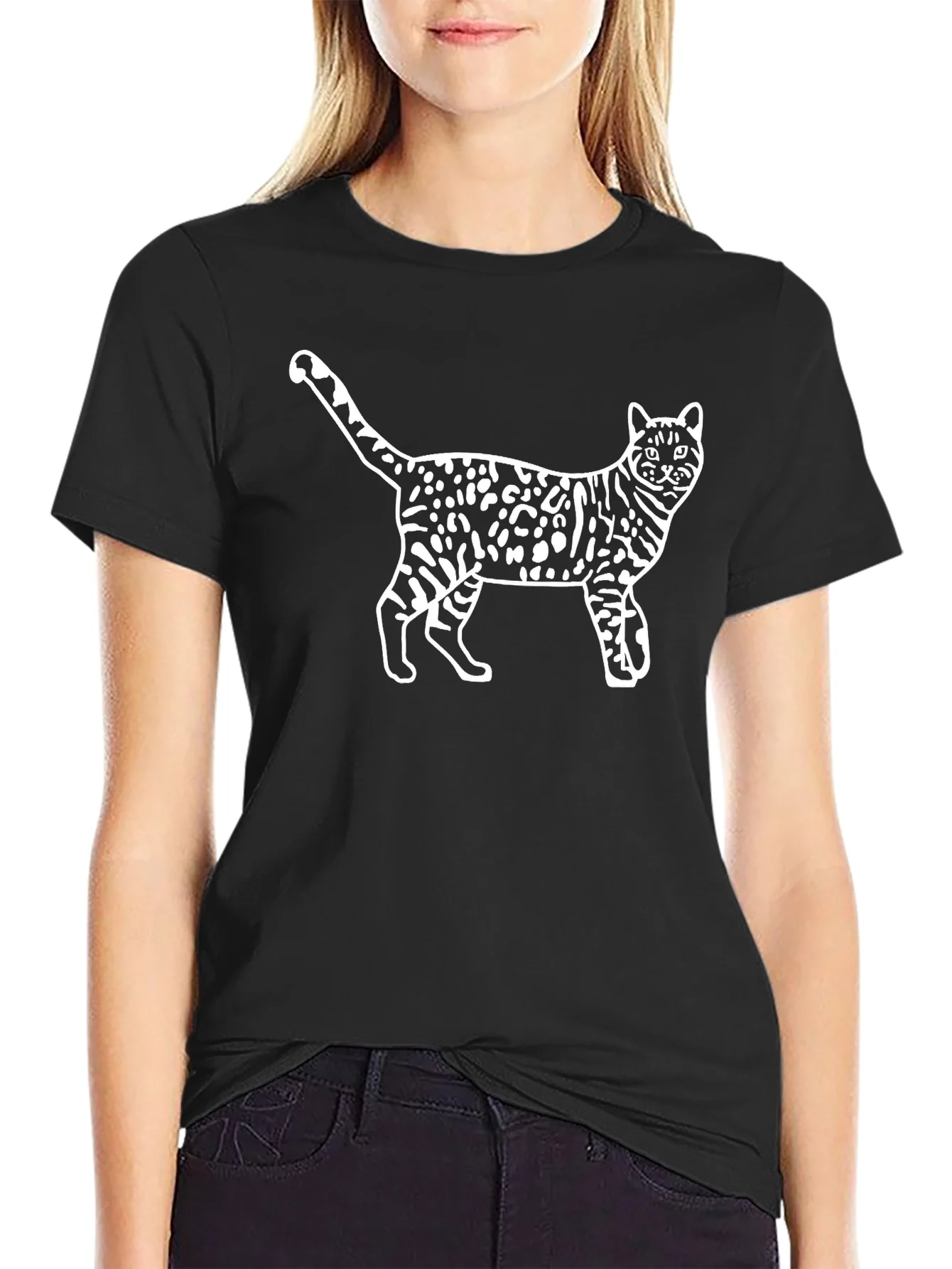 Camiseta Negra con Dise?o de Gato Manchado