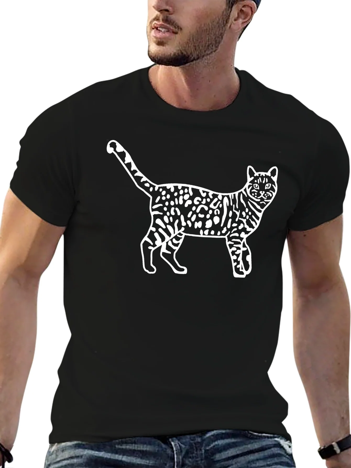 Camiseta Negra con Dise?o de Gato Manchado