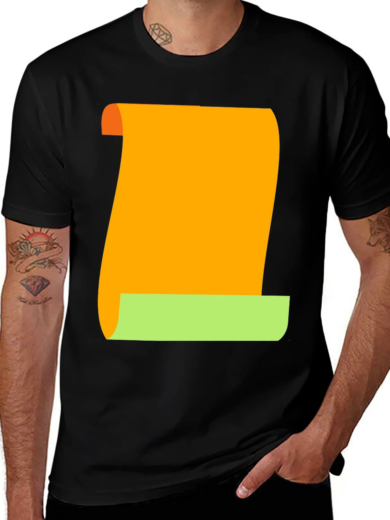 Camiseta Negra con Dise?o Abstracto Naranja y Verde
