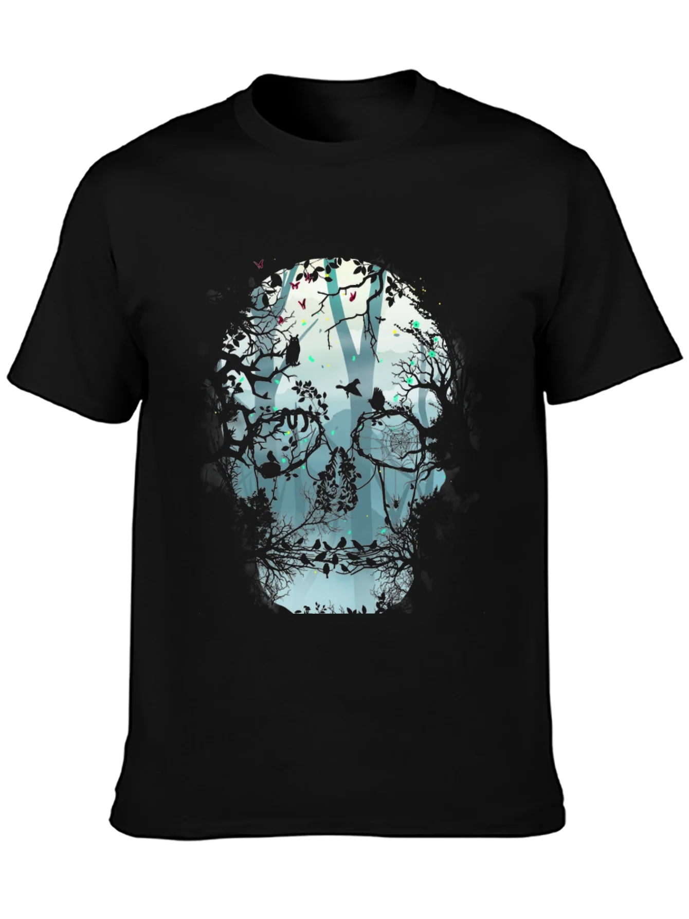 Camiseta Negra con Dise?o de Calavera y Bosque
