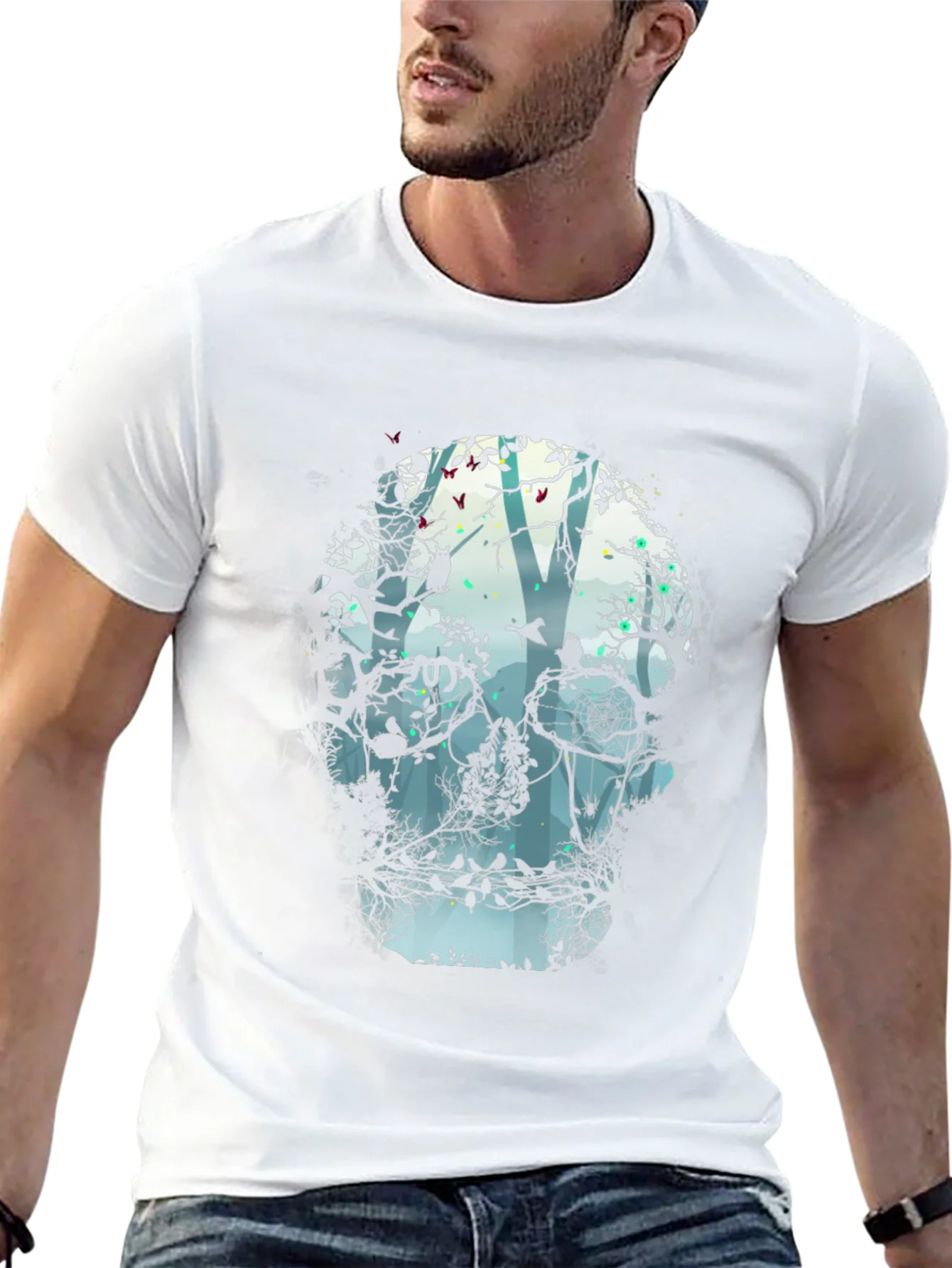 Camiseta Negra con Dise?o de Calavera y Bosque