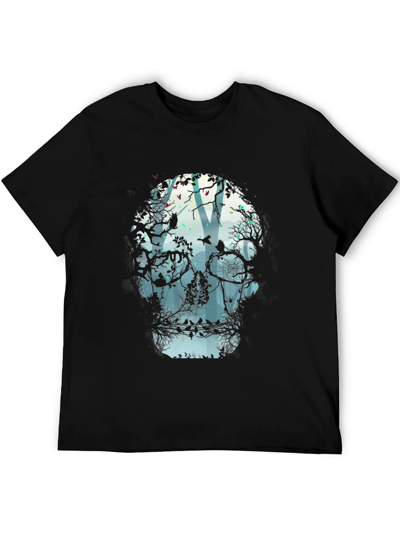 Camiseta Negra con Dise?o de Calavera y Bosque