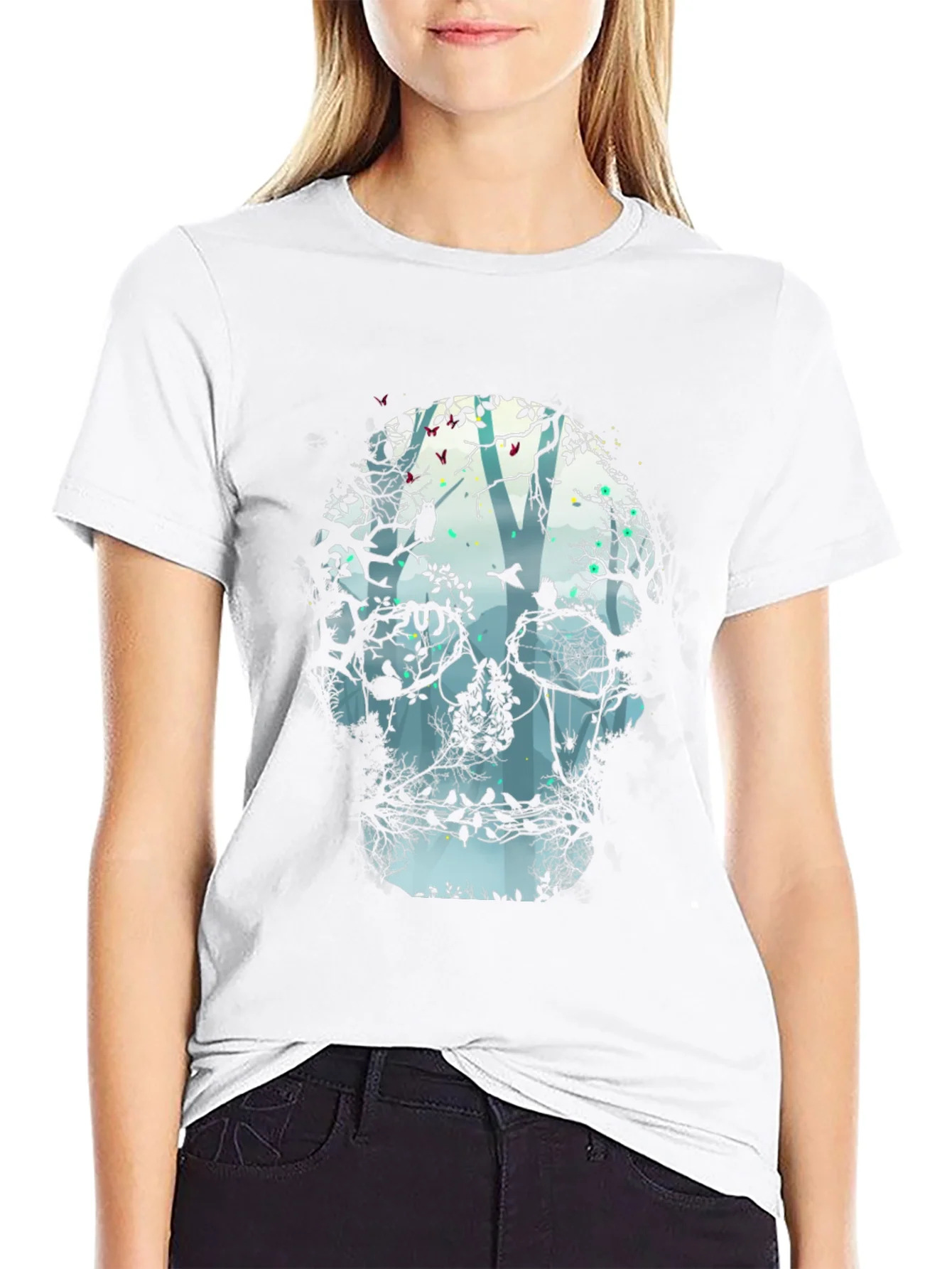 Camiseta Negra con Dise?o de Calavera y Bosque