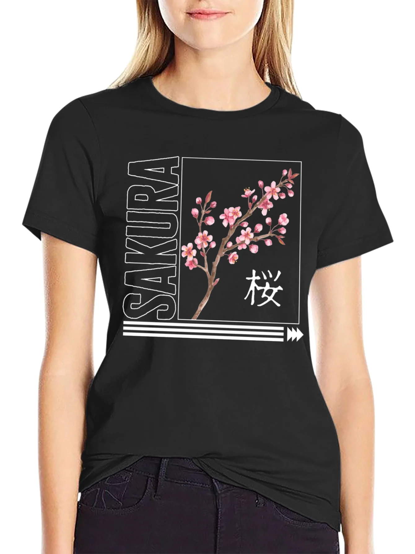 Rebbecca Sakura Blossom Black Graphic T-Shirt