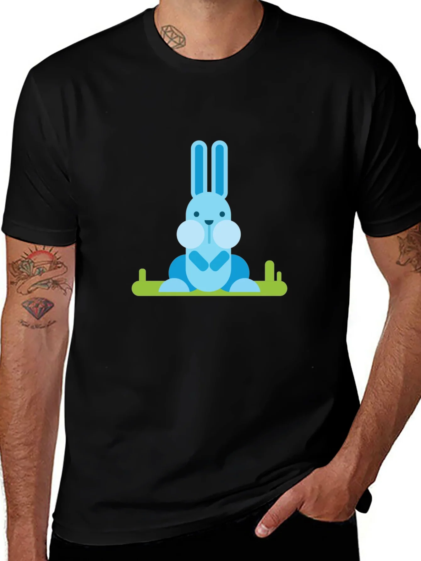 Camiseta Negra con Conejo Azul de Dise?o Gr¨¢fico