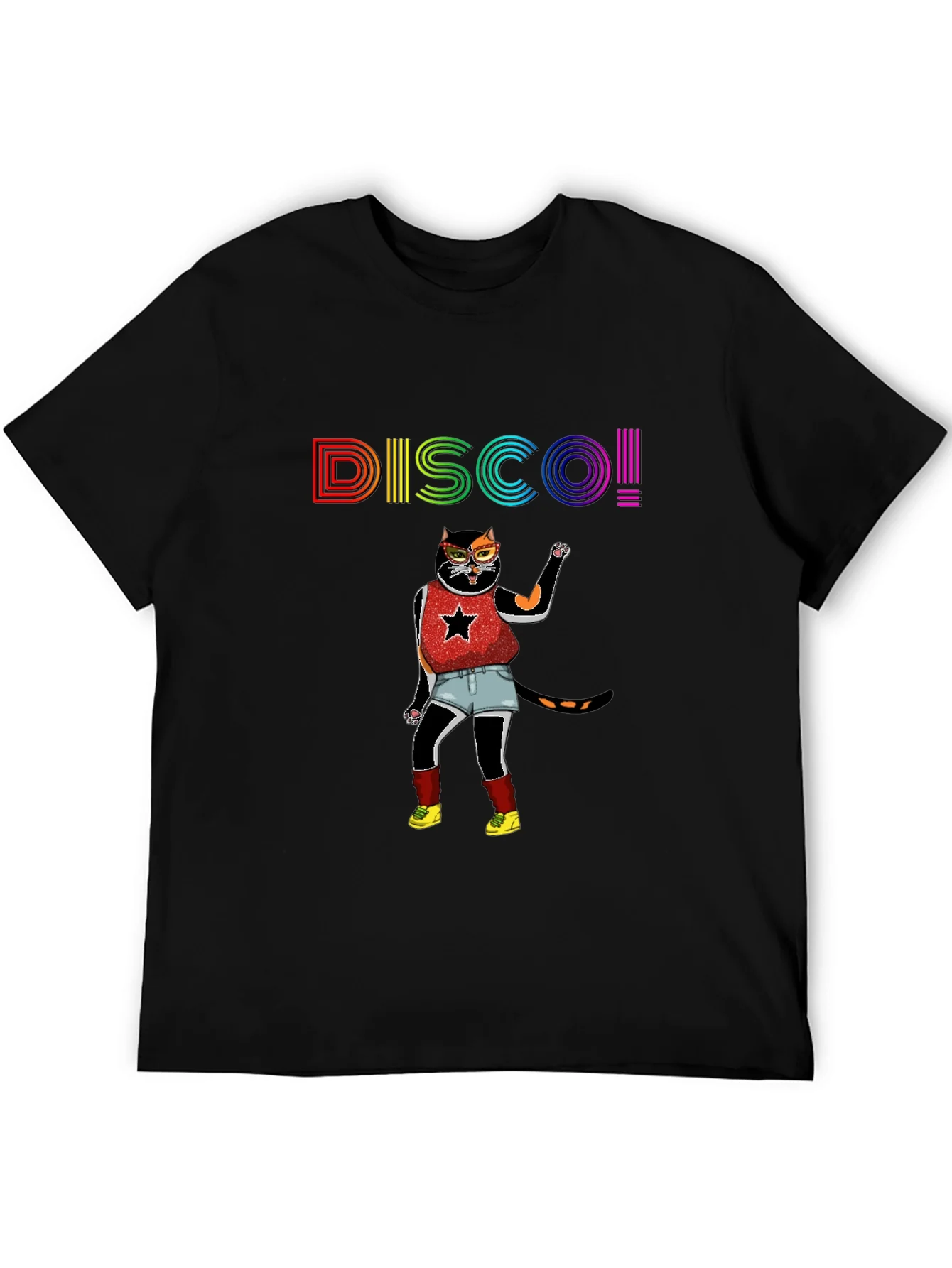 Camiseta Negra Disco Gato Divertido