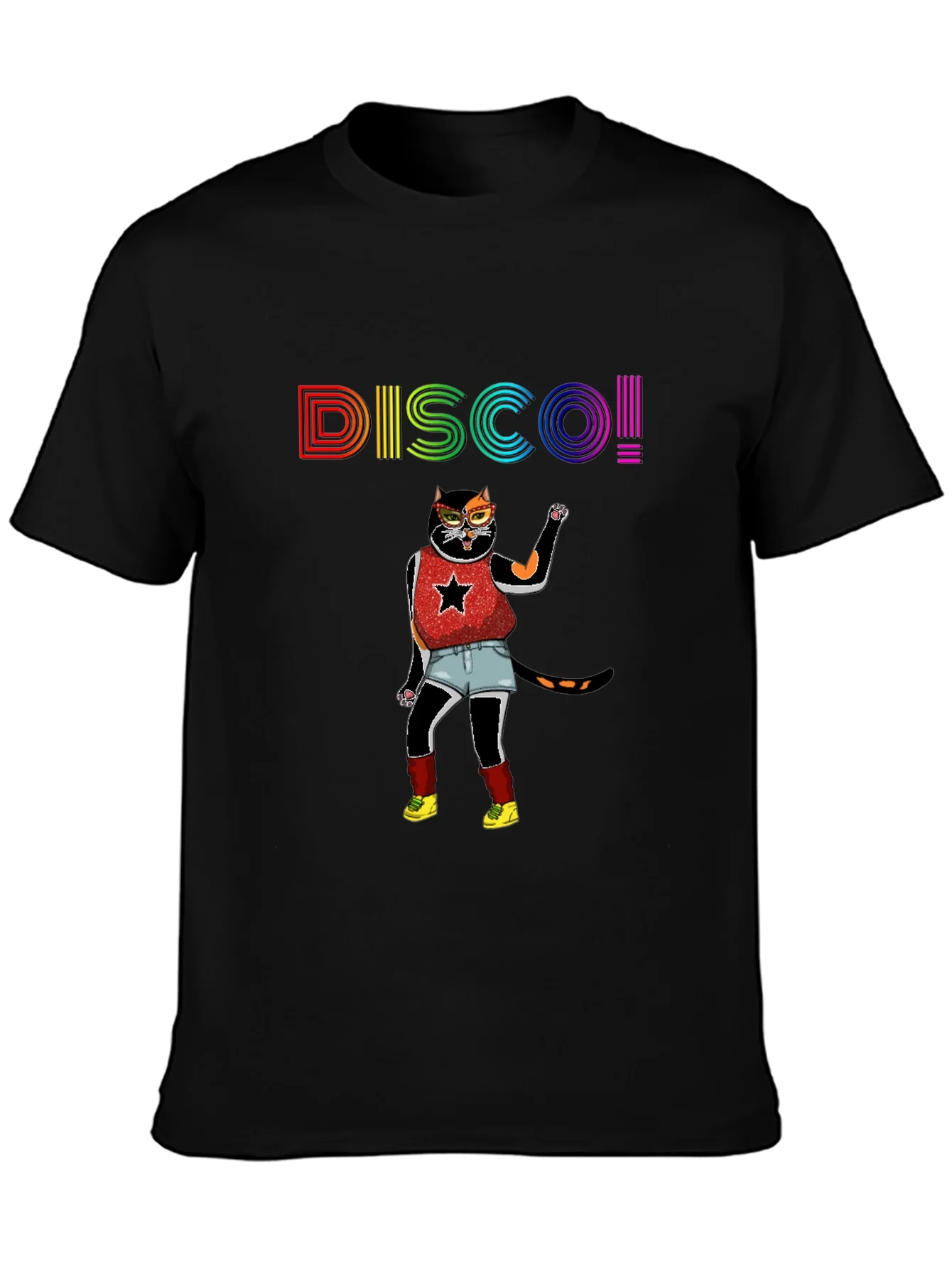 Camiseta Negra Disco Gato Divertido