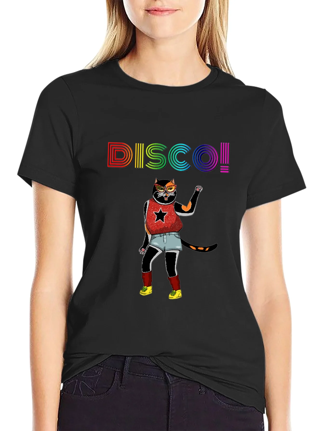 Camiseta Negra Disco Gato Divertido
