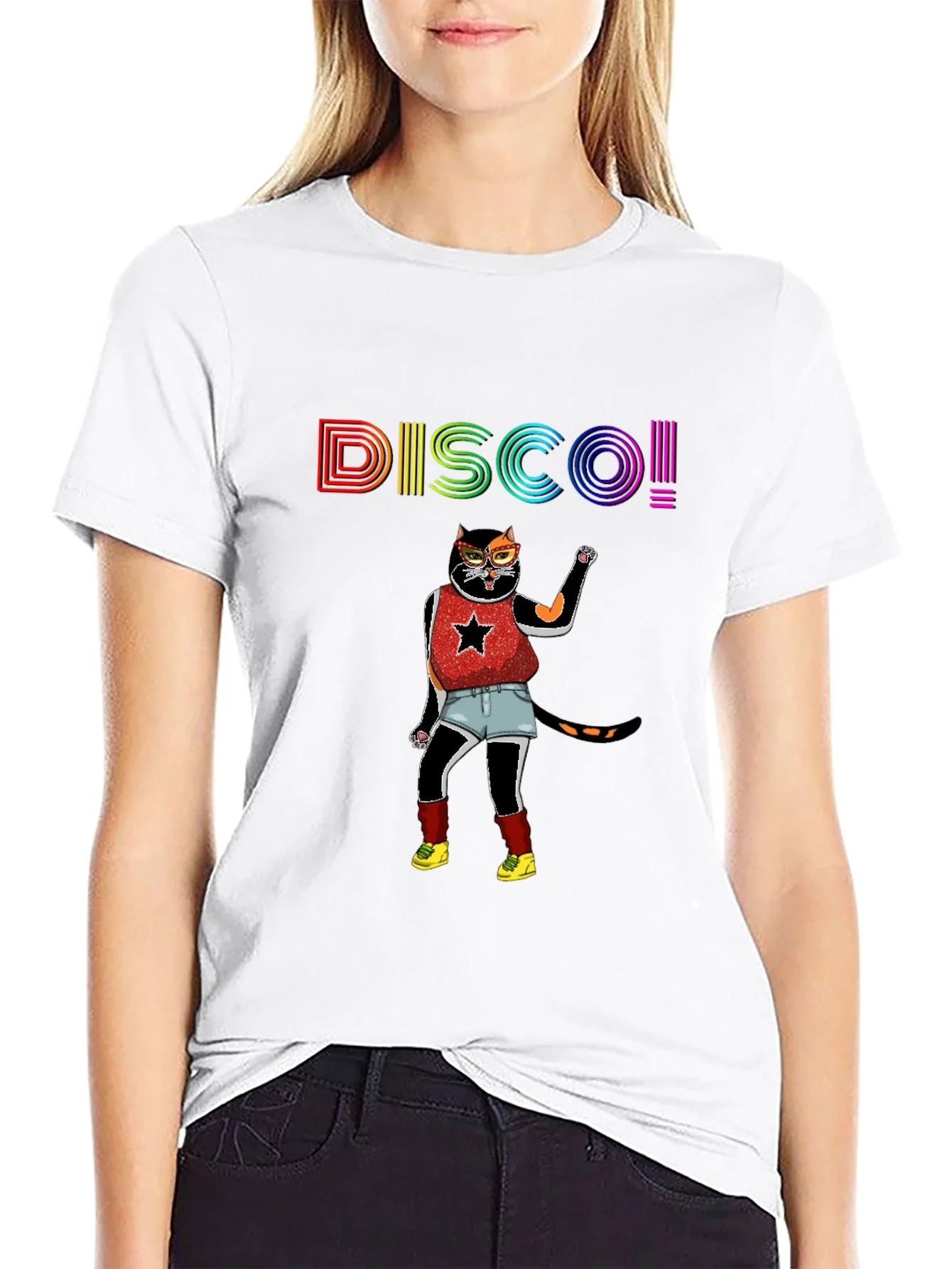 Camiseta Negra Disco Gato Divertido