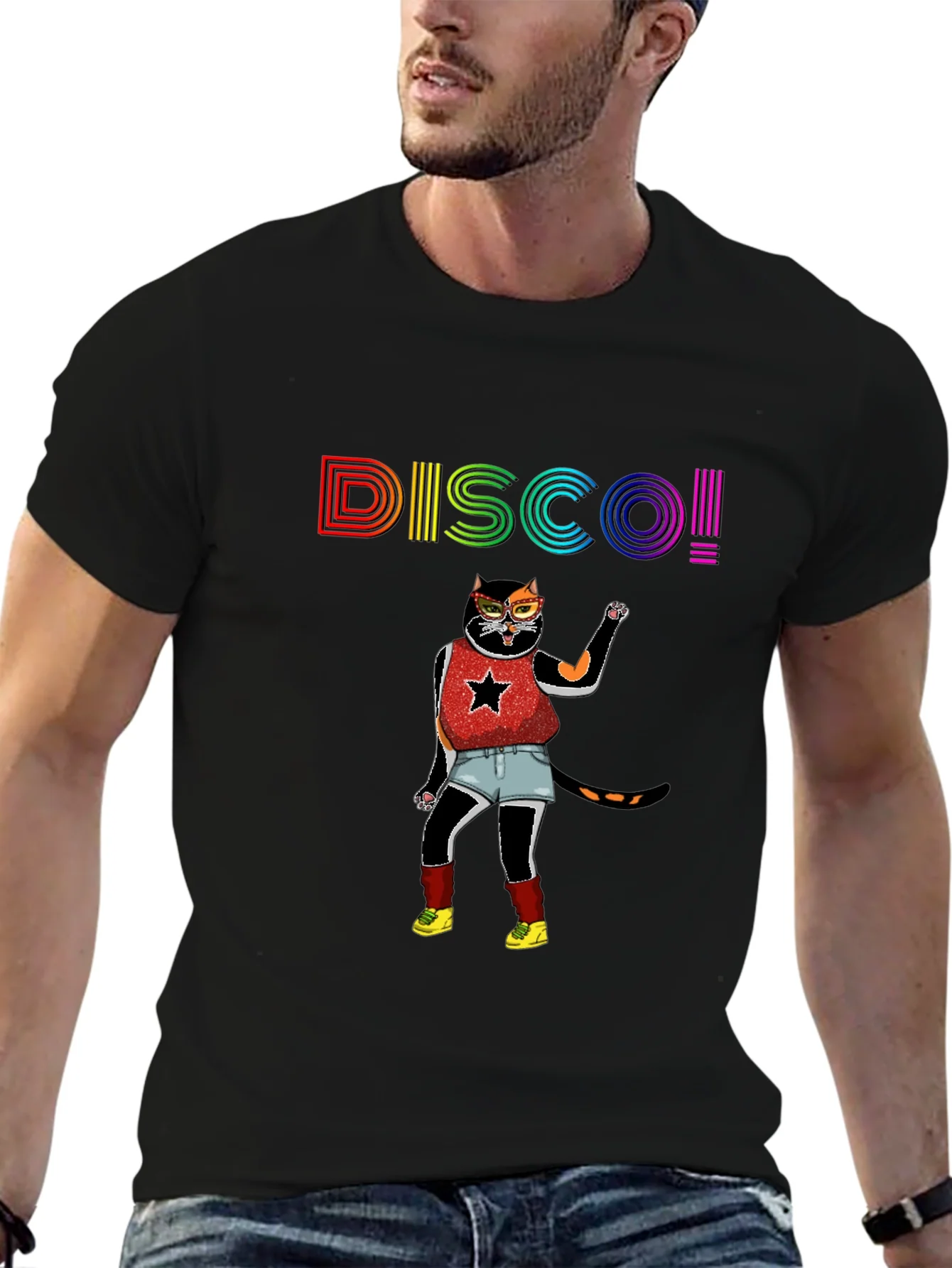 Camiseta Negra Disco Gato Divertido