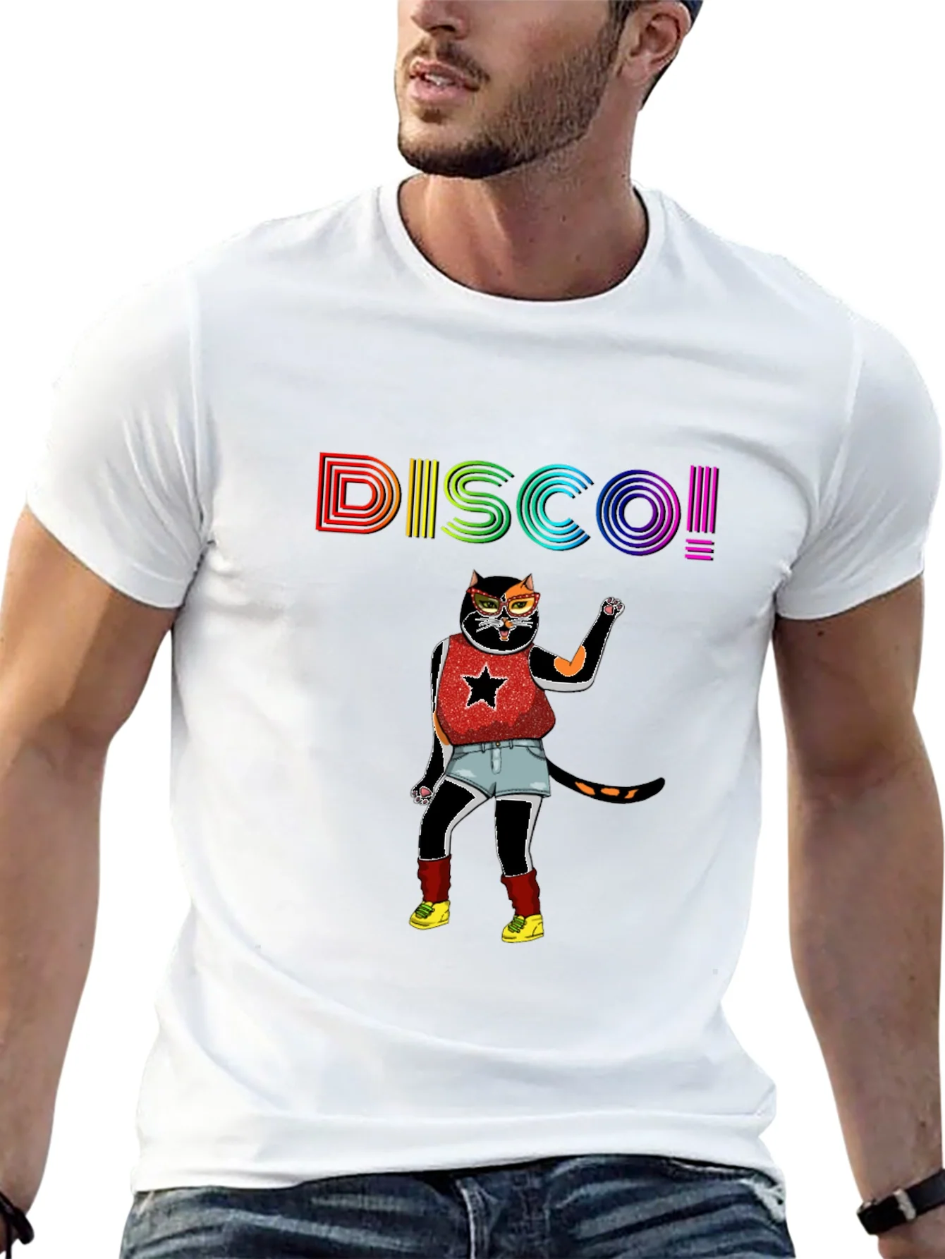 Camiseta Negra Disco Gato Divertido