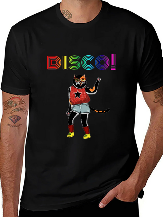 Camiseta Negra Disco Gato Divertido