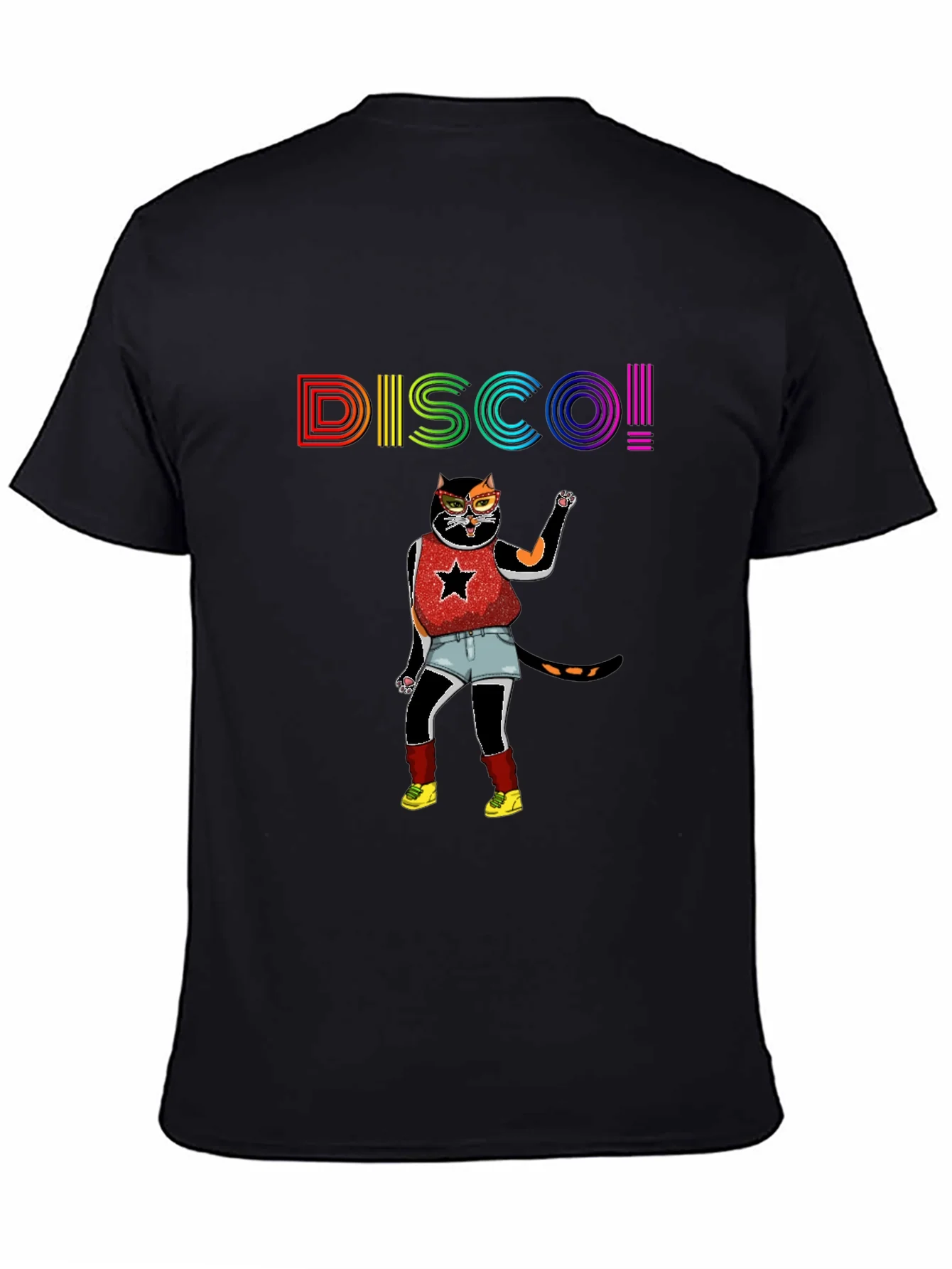 Camiseta Negra Disco Gato Divertido