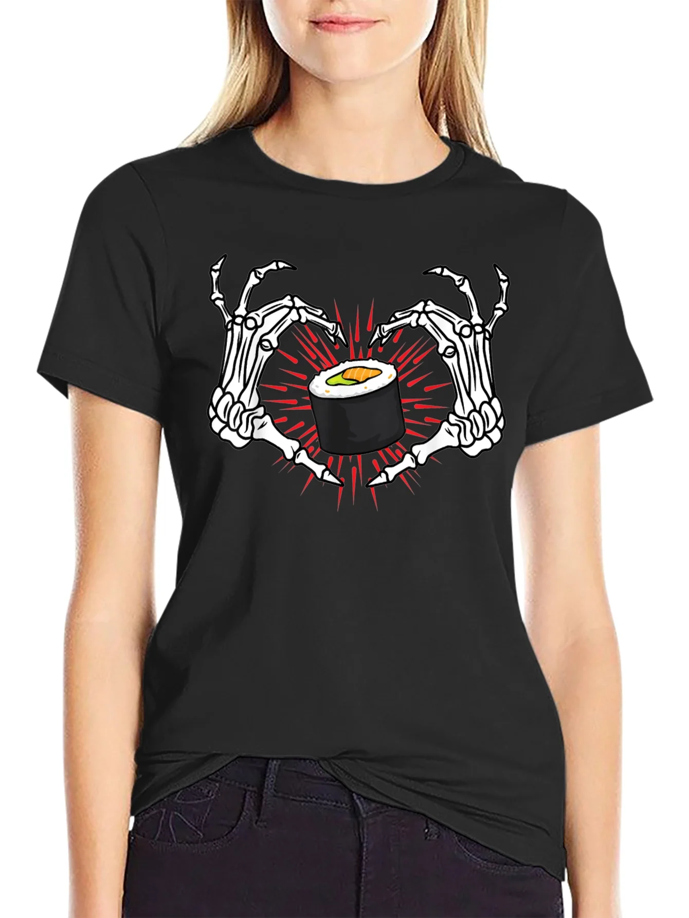 Camiseta Negra con Sushi y Manos de Esqueleto