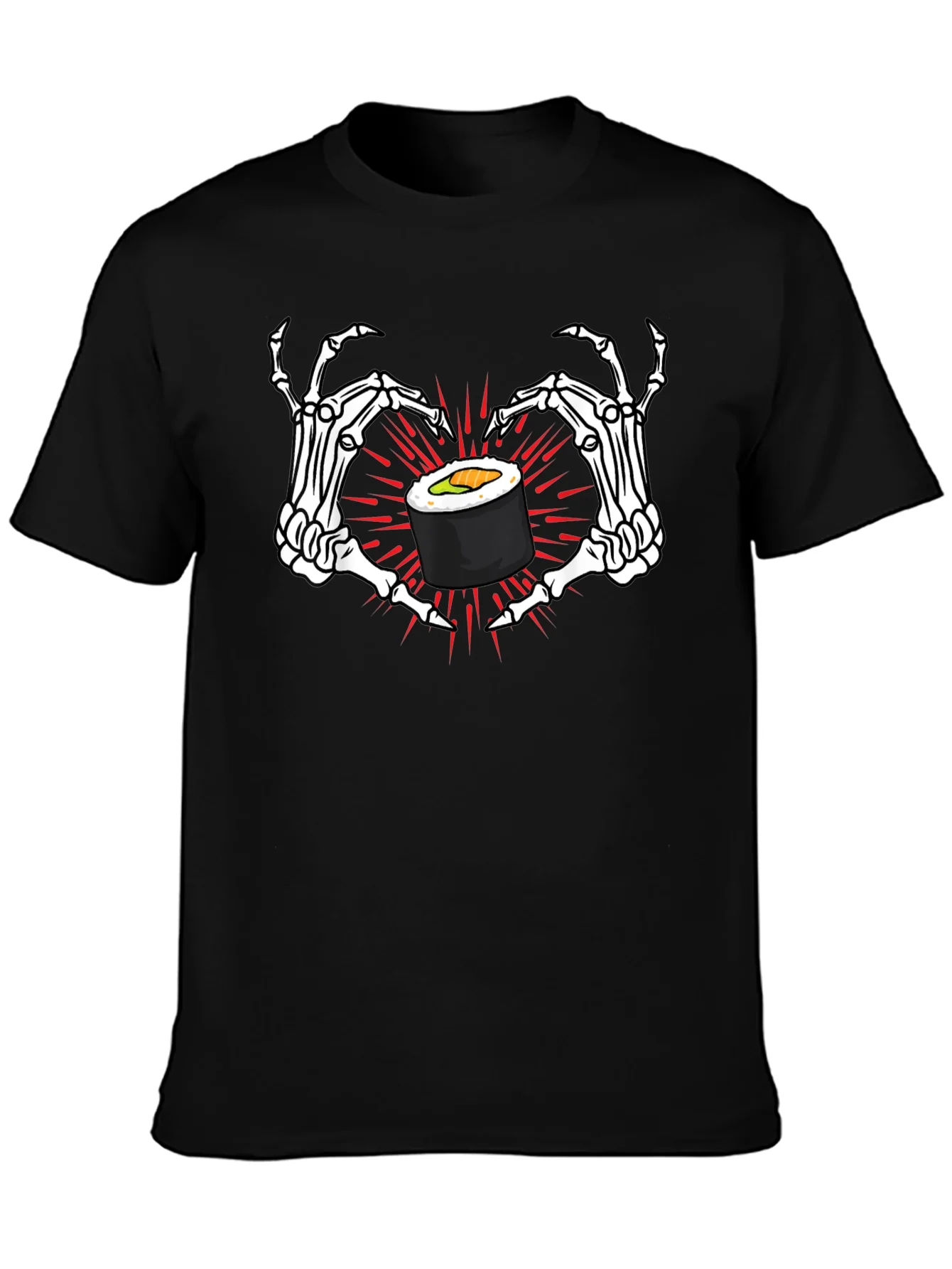 Camiseta Negra con Sushi y Manos de Esqueleto