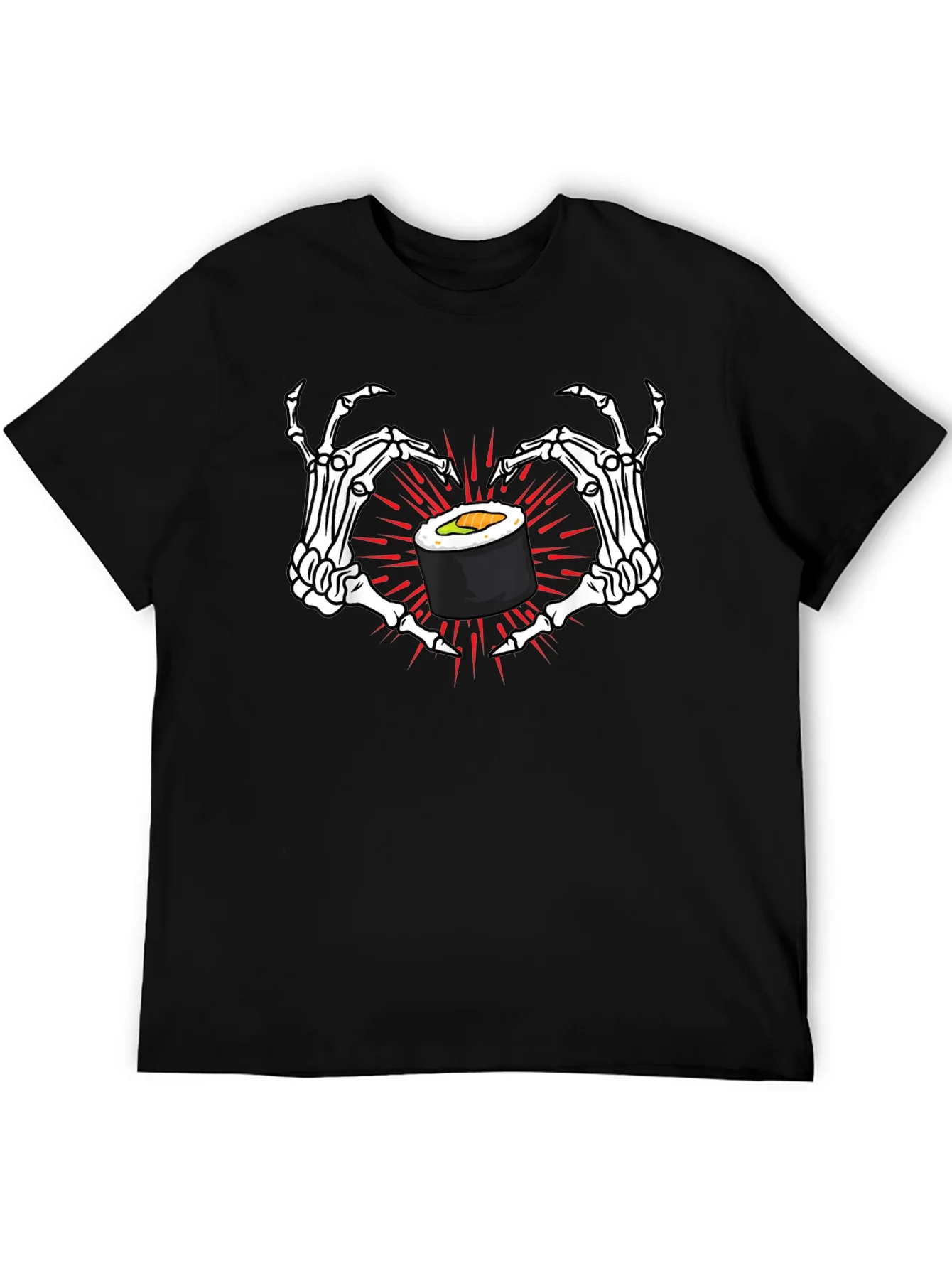 Camiseta Negra con Sushi y Manos de Esqueleto