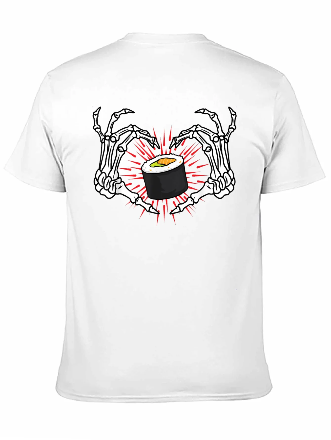 Camiseta Negra con Sushi y Manos de Esqueleto