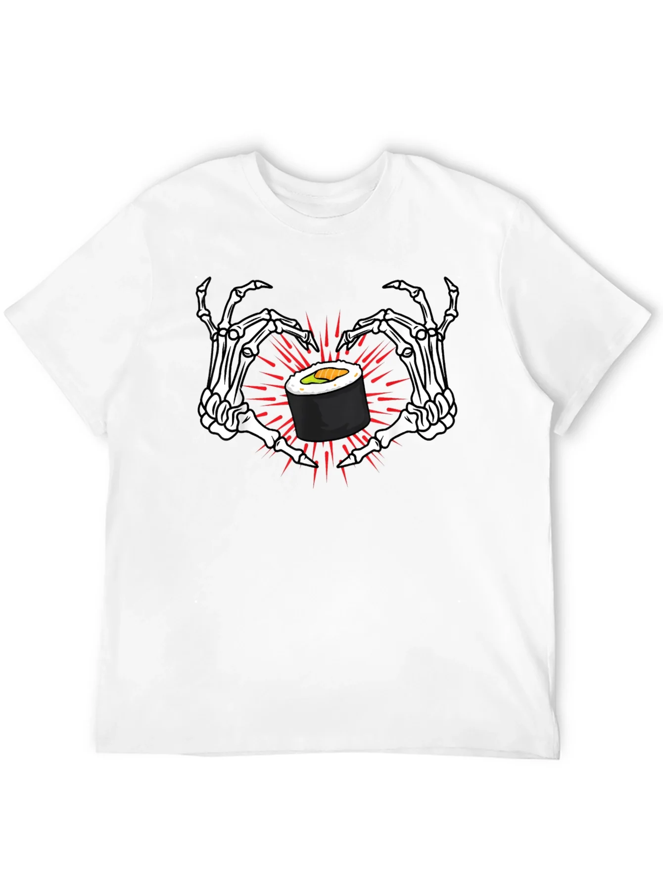 Camiseta Negra con Sushi y Manos de Esqueleto