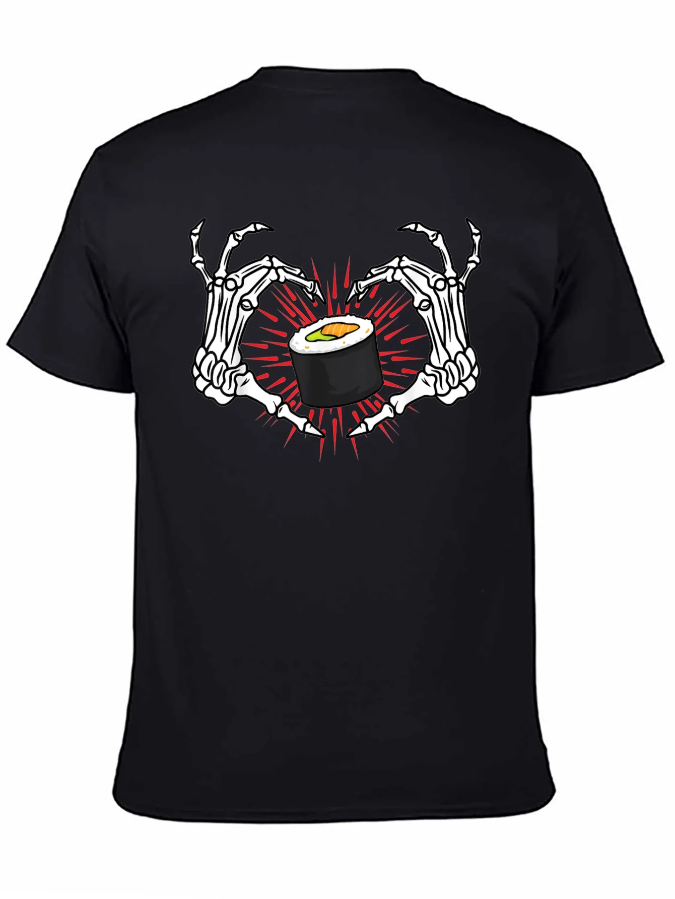 Camiseta Negra con Sushi y Manos de Esqueleto