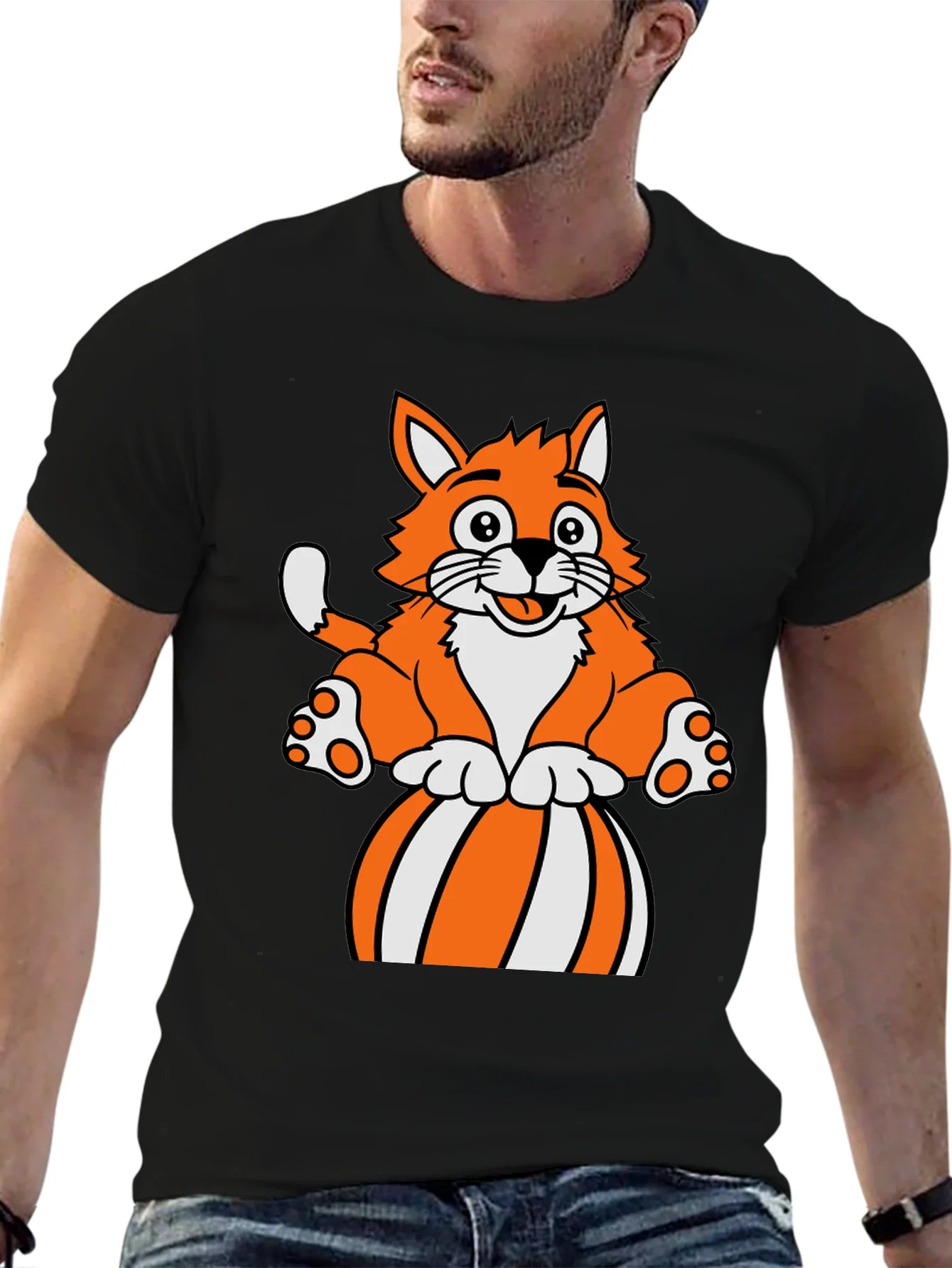 Rebbecca Cartoon Cat on Ball Graphic T-Shirt - Black