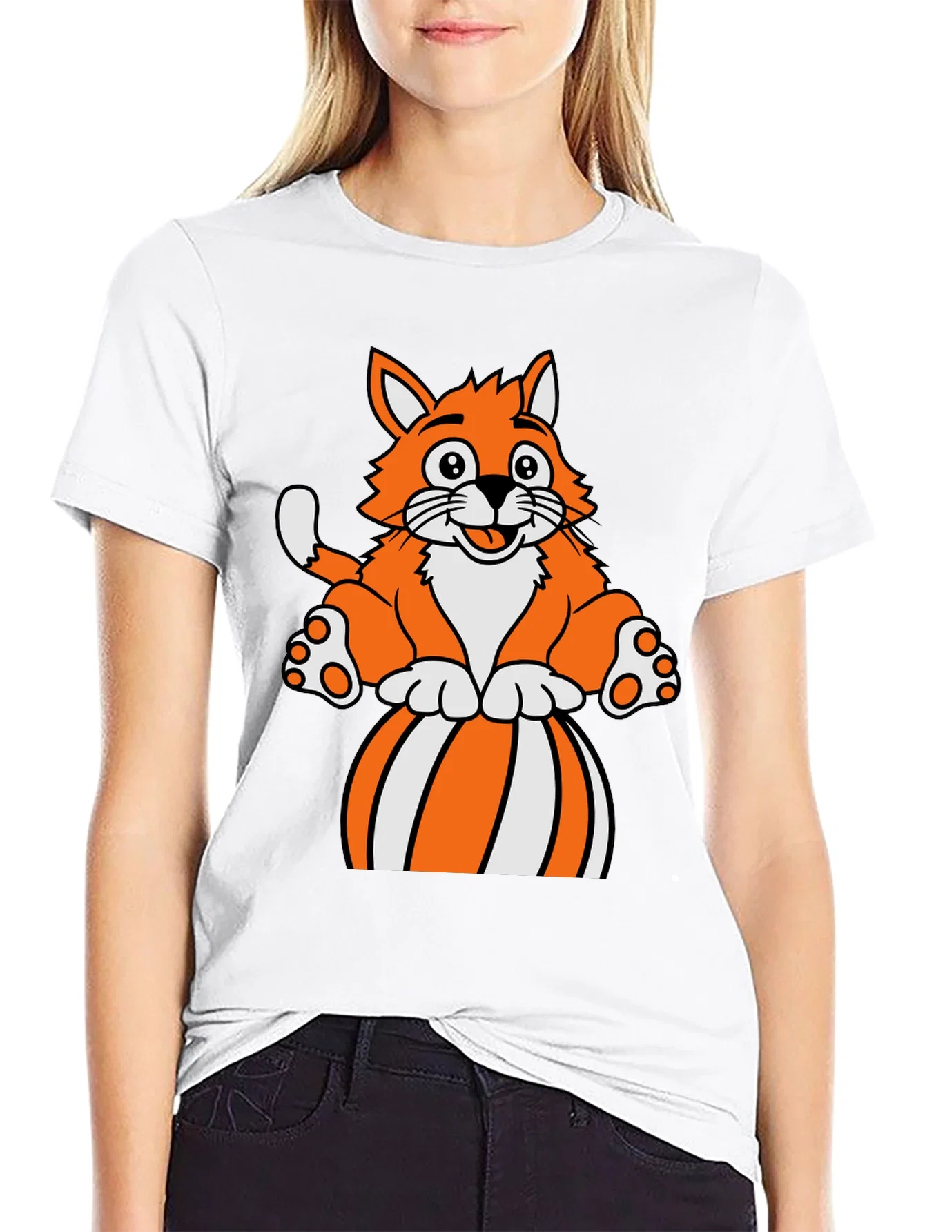 Rebbecca Cartoon Cat on Ball Graphic T-Shirt - Black