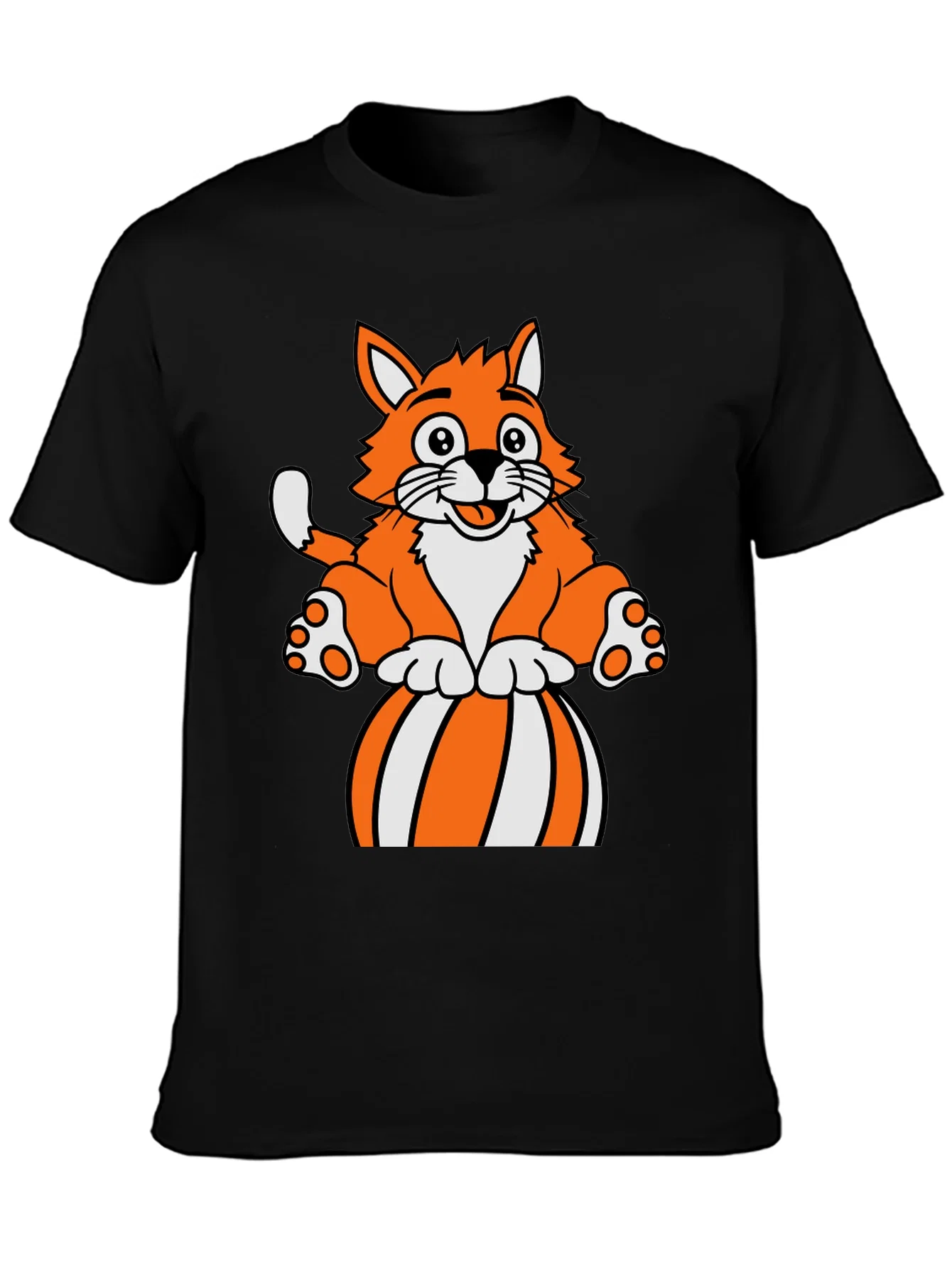 Rebbecca Cartoon Cat on Ball Graphic T-Shirt - Black