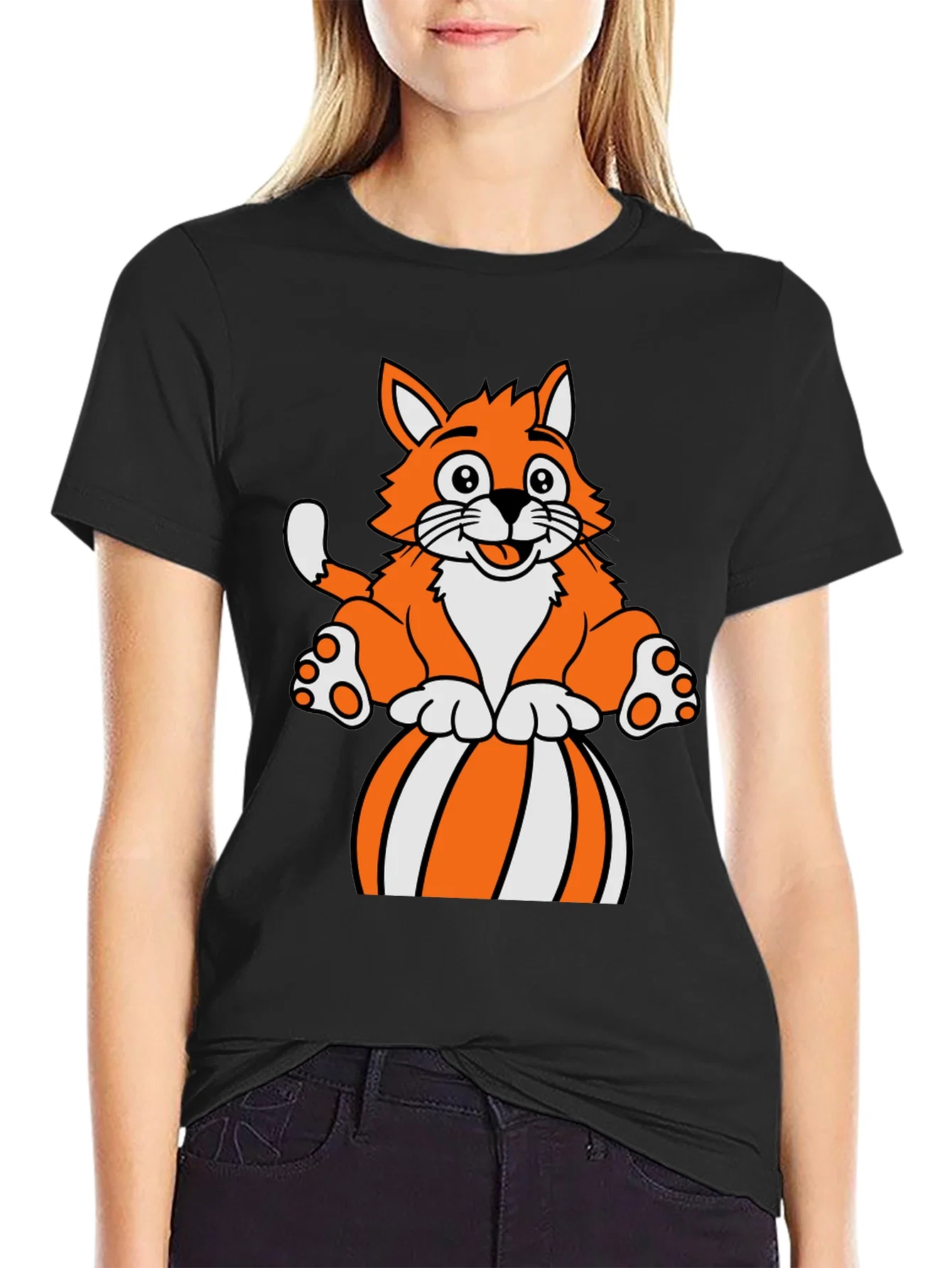 Rebbecca Cartoon Cat on Ball Graphic T-Shirt - Black