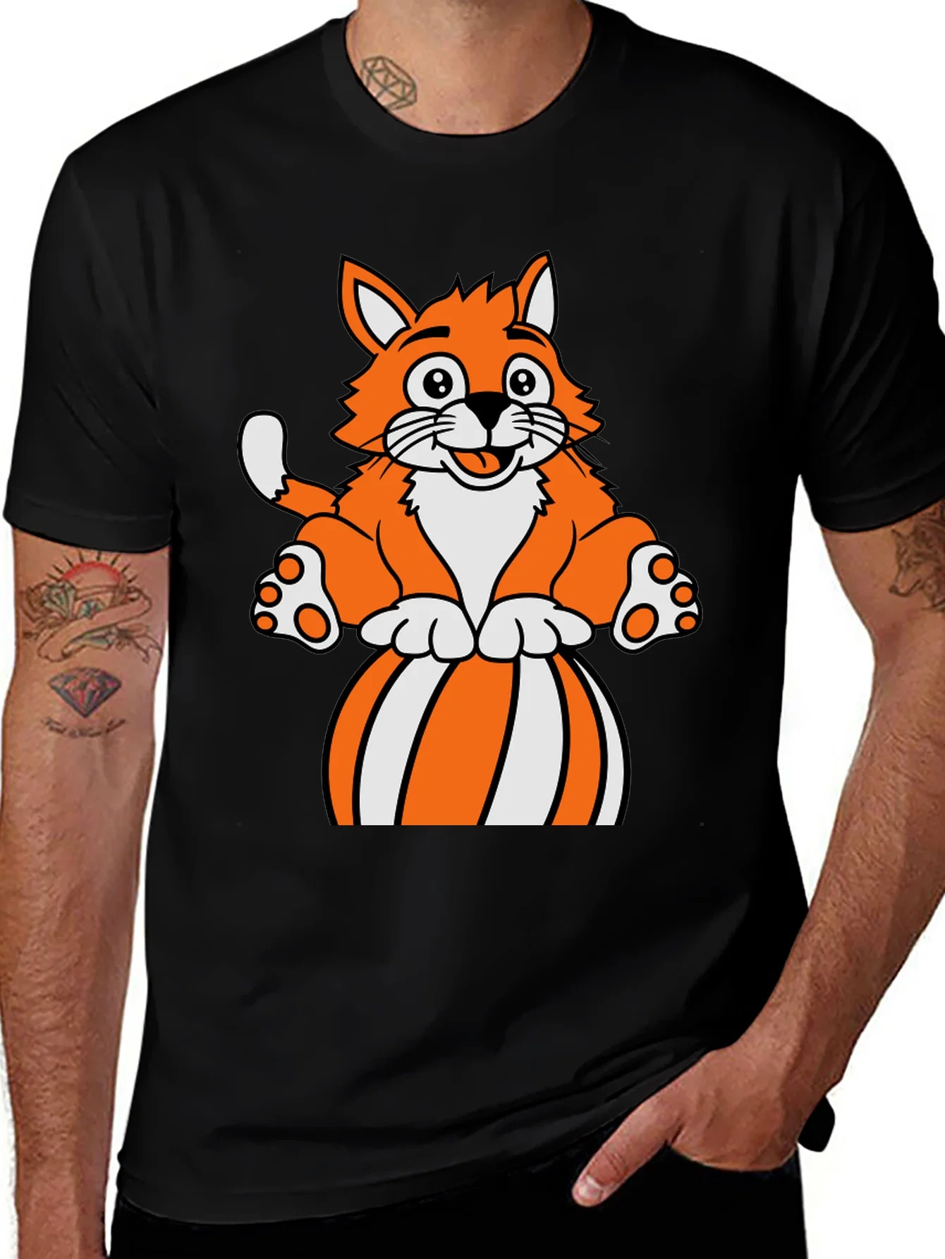 Rebbecca Cartoon Cat on Ball Graphic T-Shirt - Black