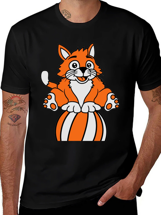 Rebbecca Cartoon Cat on Ball Graphic T-Shirt - Black