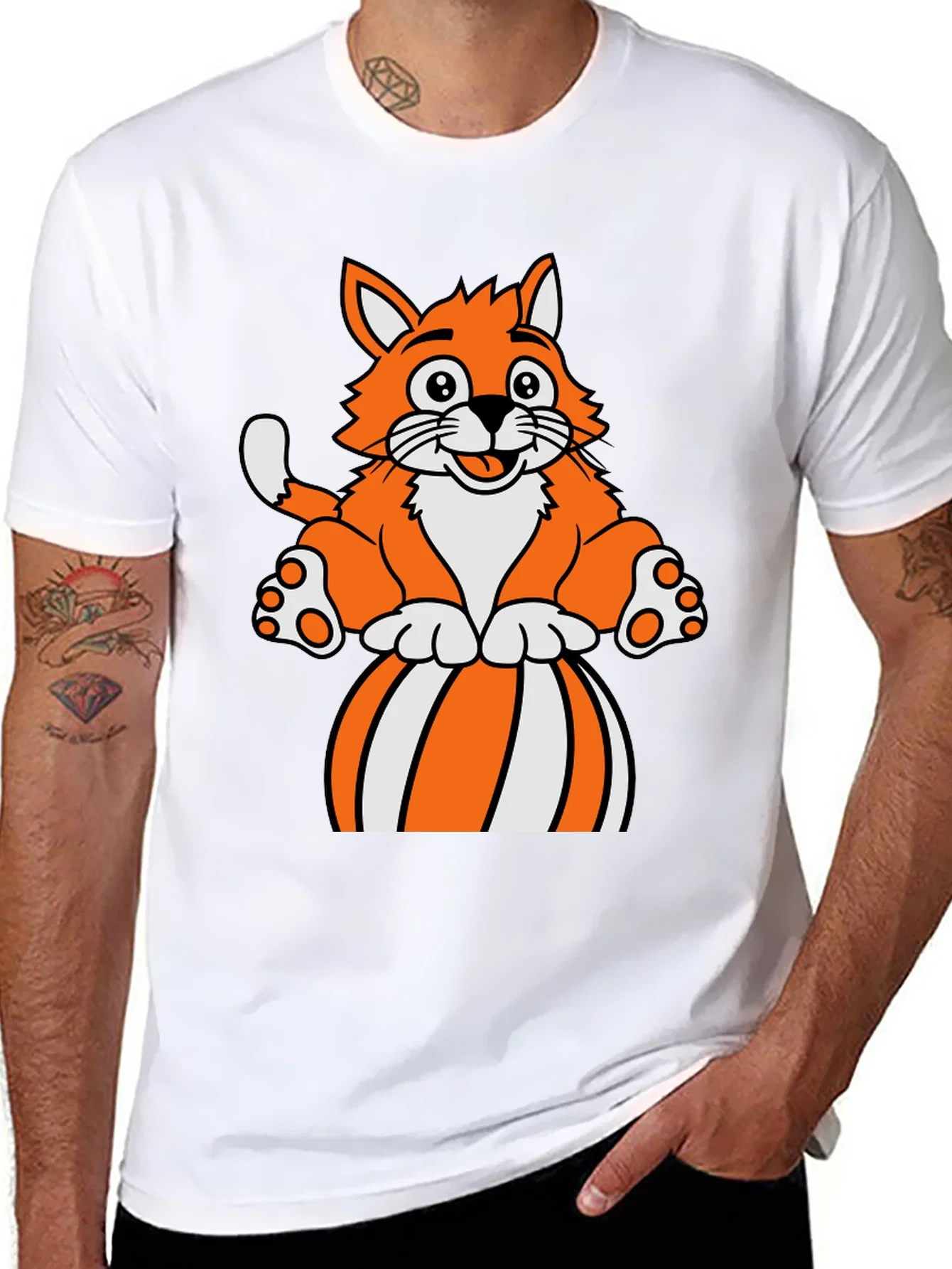 Rebbecca Cartoon Cat on Ball Graphic T-Shirt - Black