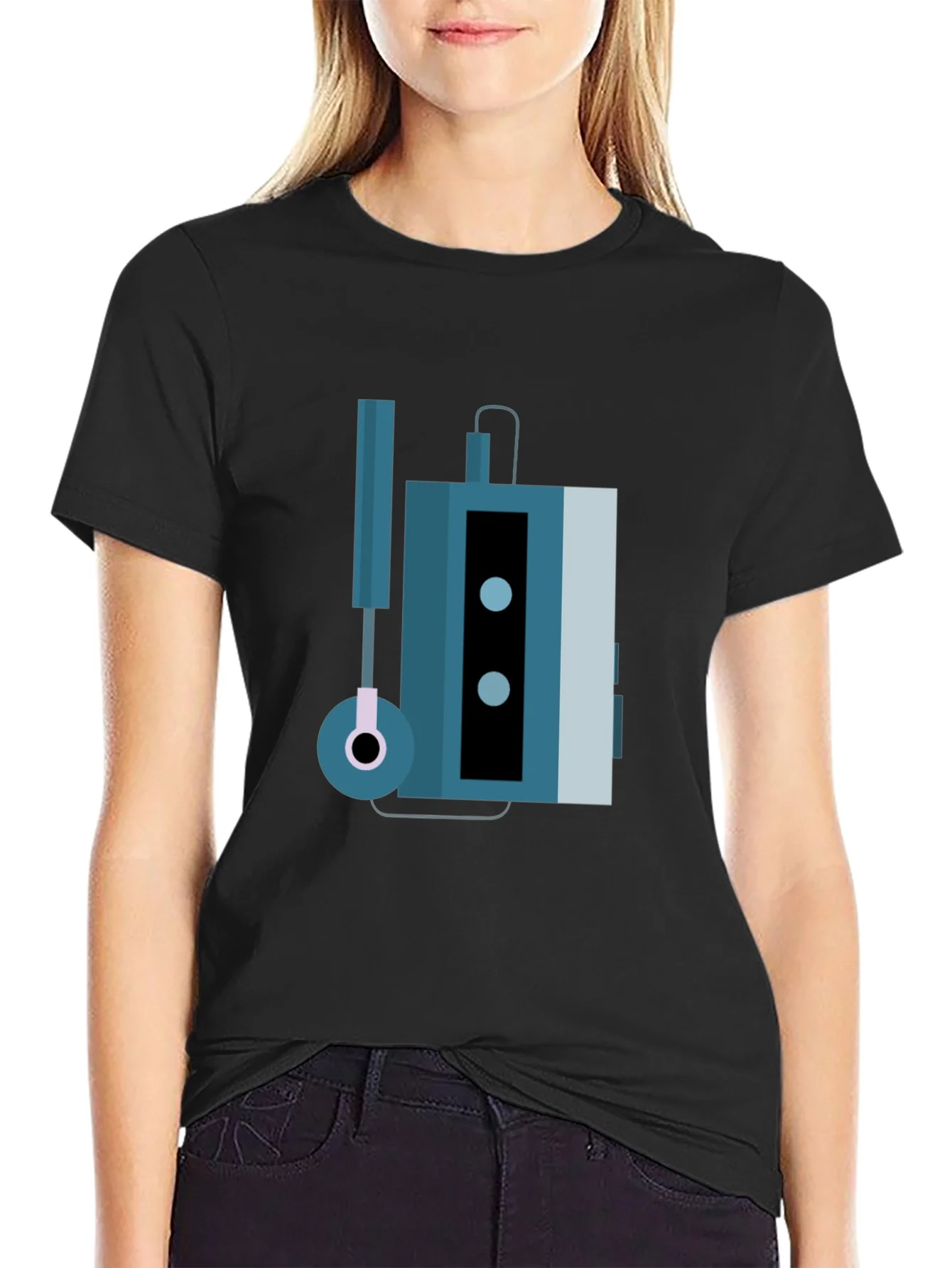 Camiseta Negra con Dise?o de Walkman Retro