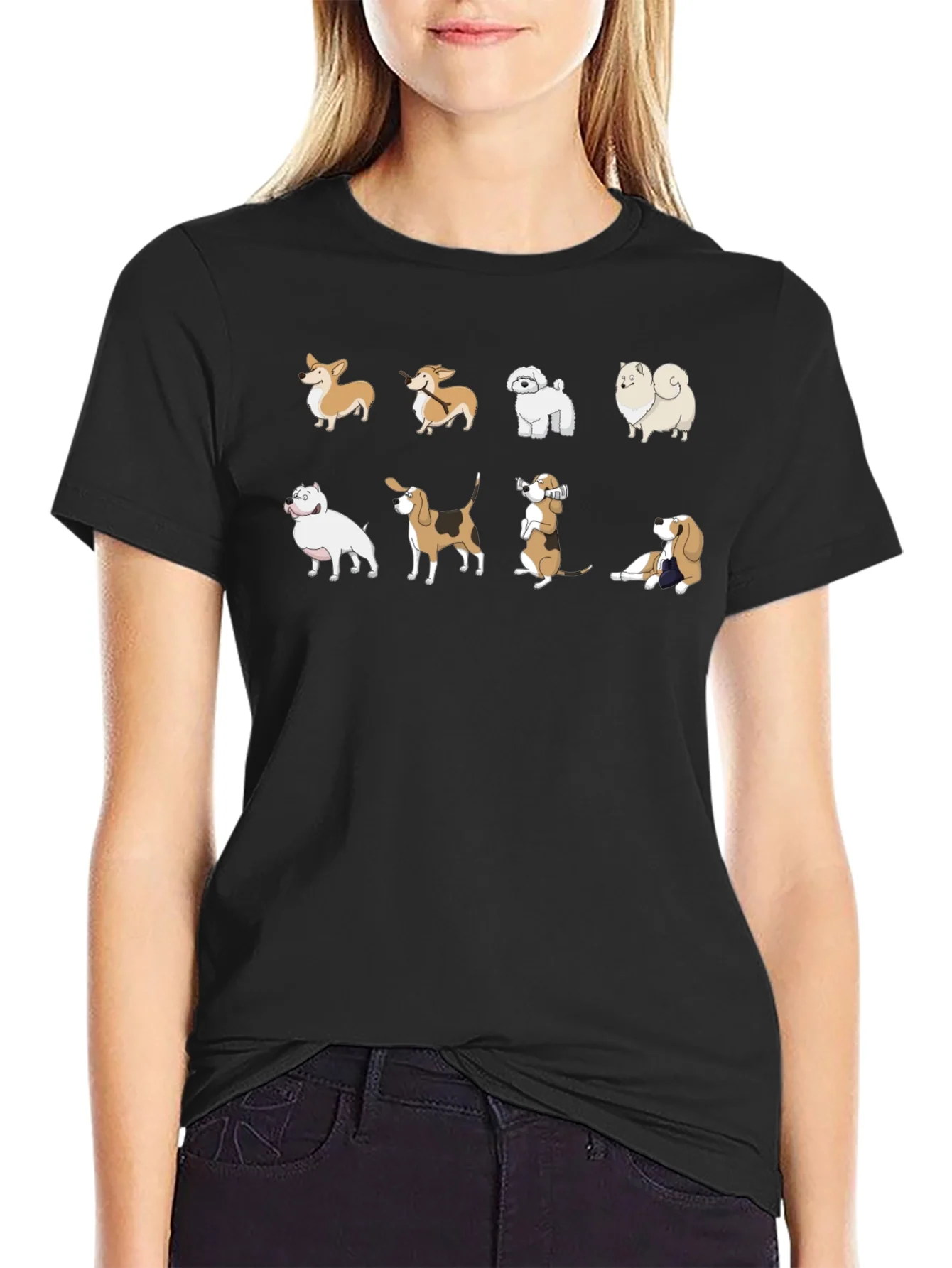 Camiseta Negra con Estampado de Perros de Raza