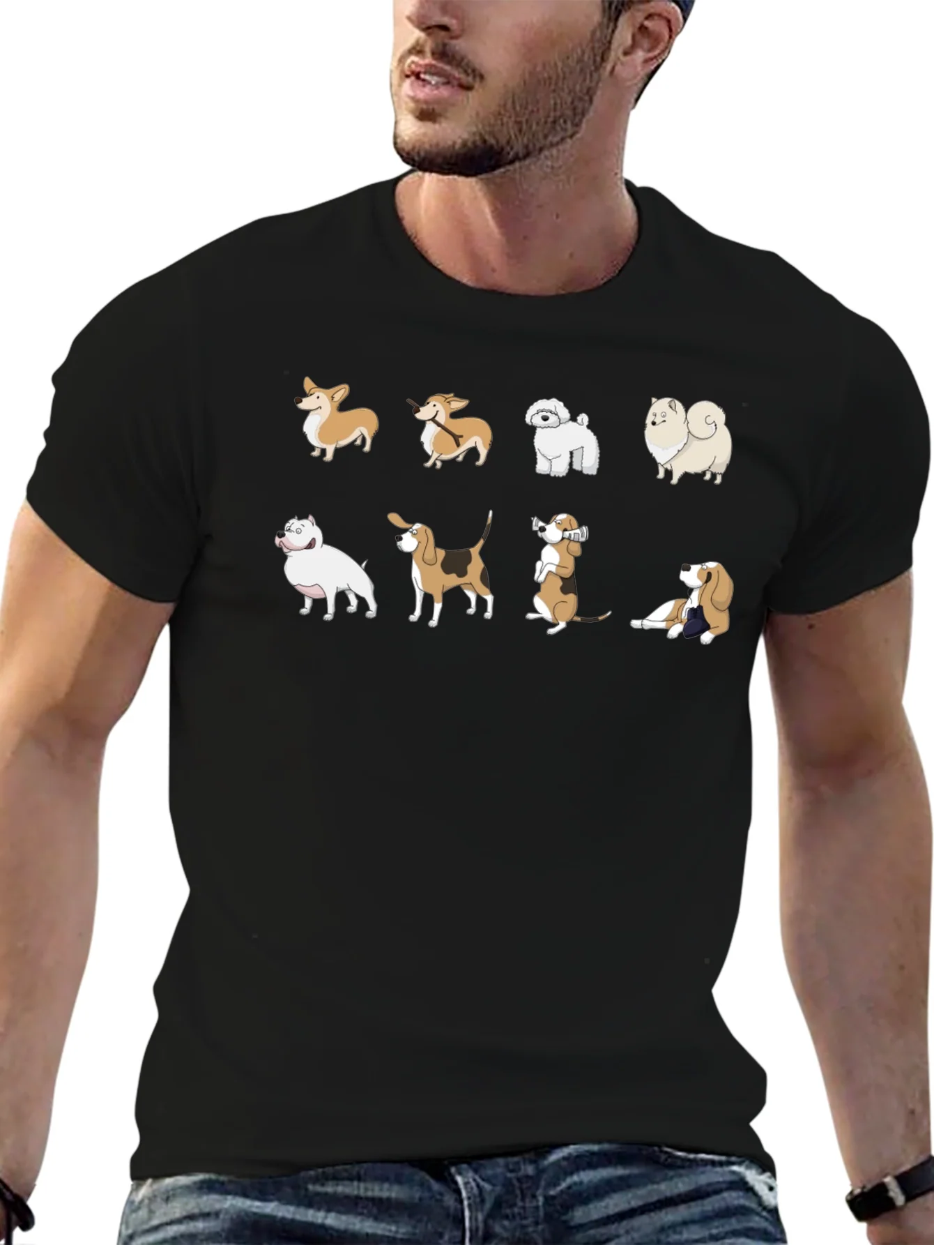 Camiseta Negra con Estampado de Perros de Raza