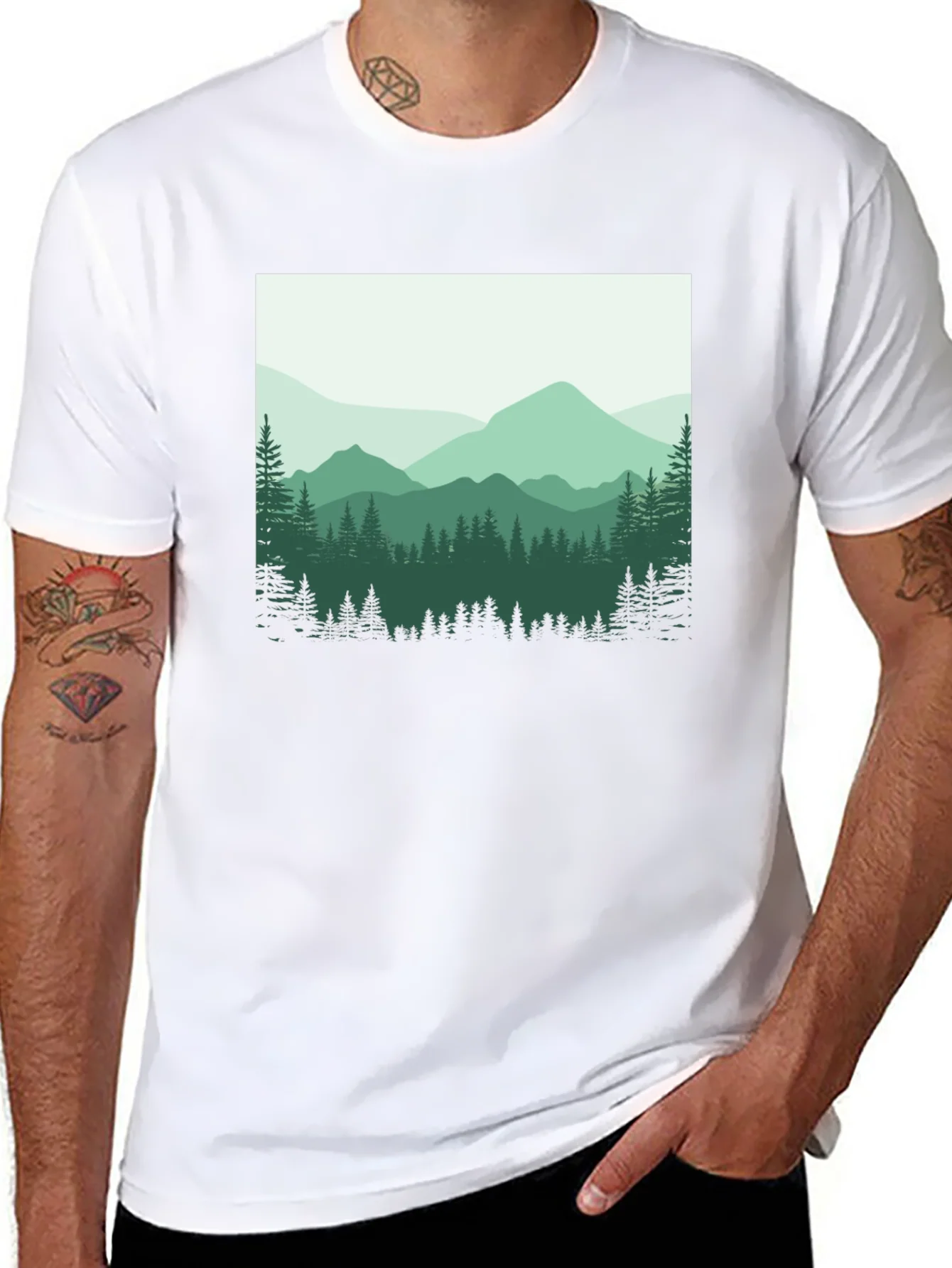 Camiseta Negra con Dise?o Monta?oso para Hombre