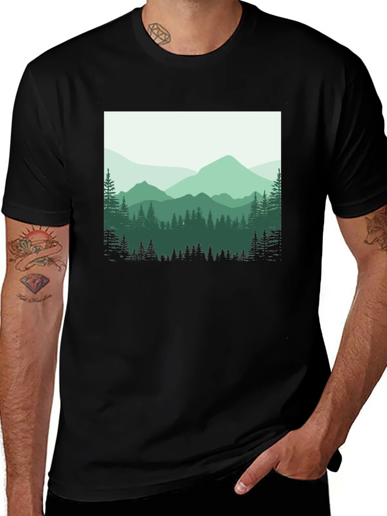 Camiseta Negra con Dise?o Monta?oso para Hombre