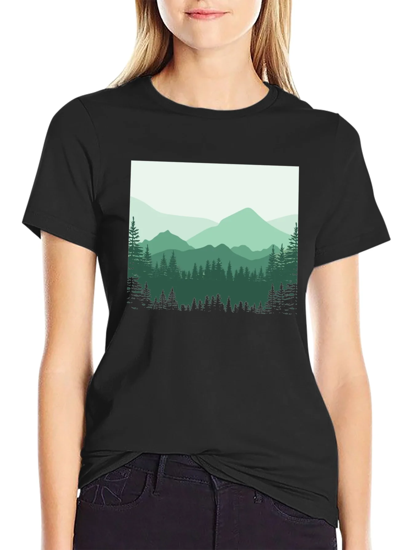 Camiseta Negra con Dise?o Monta?oso para Hombre