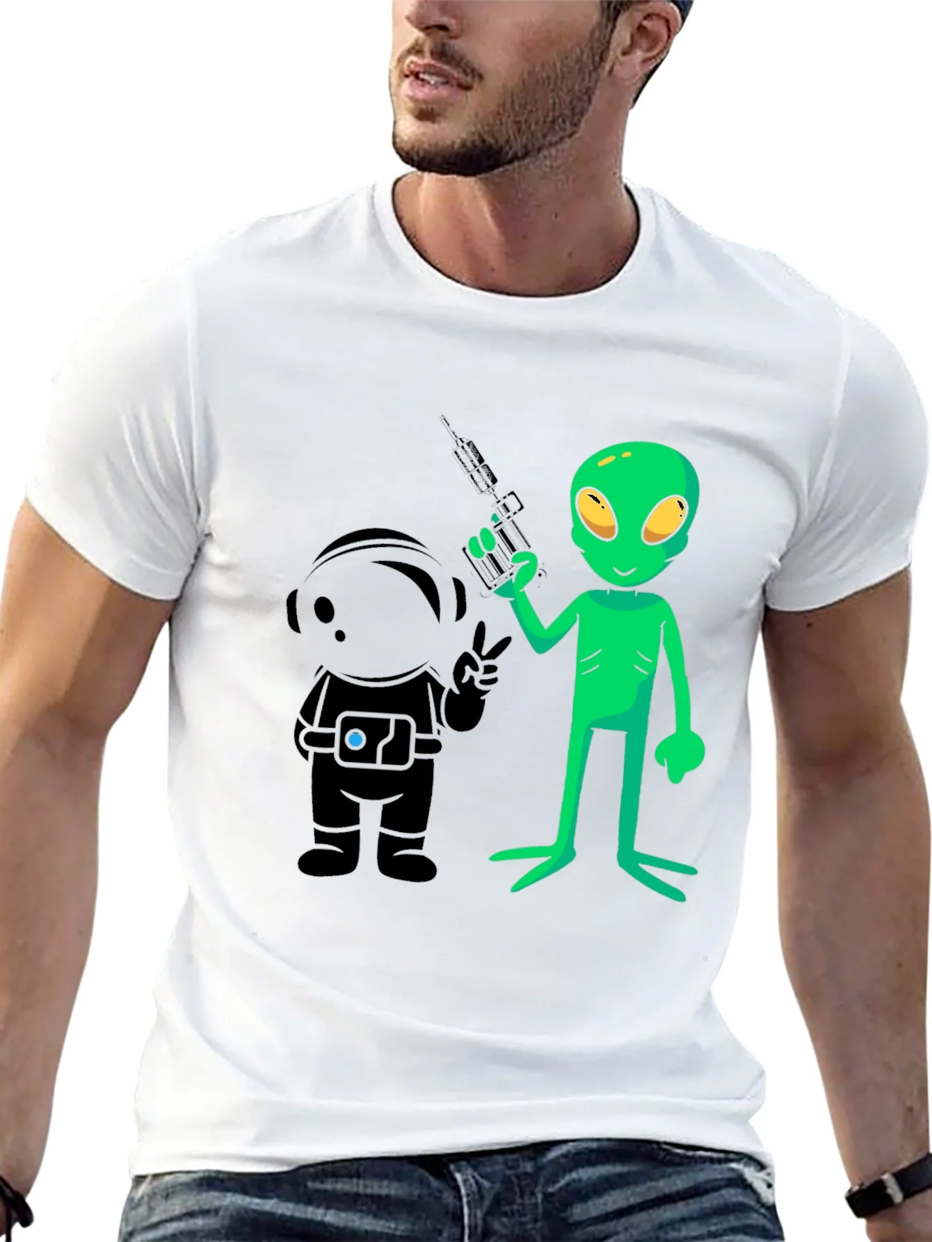 Camiseta Negra con Dise?o de Alien y Astronauta